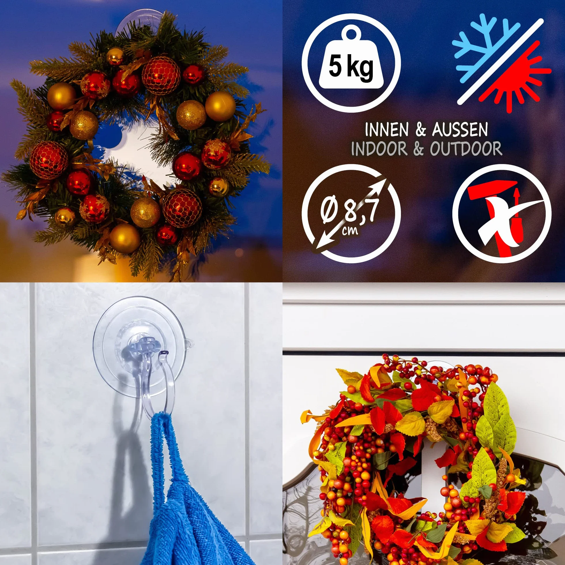 COM-FOUR® XL Hak na wianki - wieszak na jesienne dekoracje na szyby, okna i drzwi - duzy haczyk z przyssawka - duza sila trzymania 5 kg (1 haczyk - XL - przezroczysty)