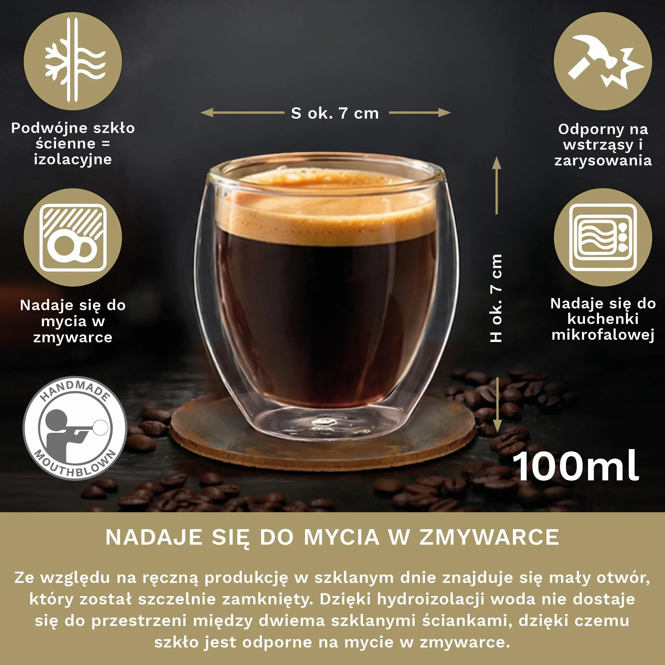 Creano Szklanki do espresso o podwójnych ściankach, zestaw 6 filiżanek 100 ml, szklanki termiczne z efektem unoszenia się