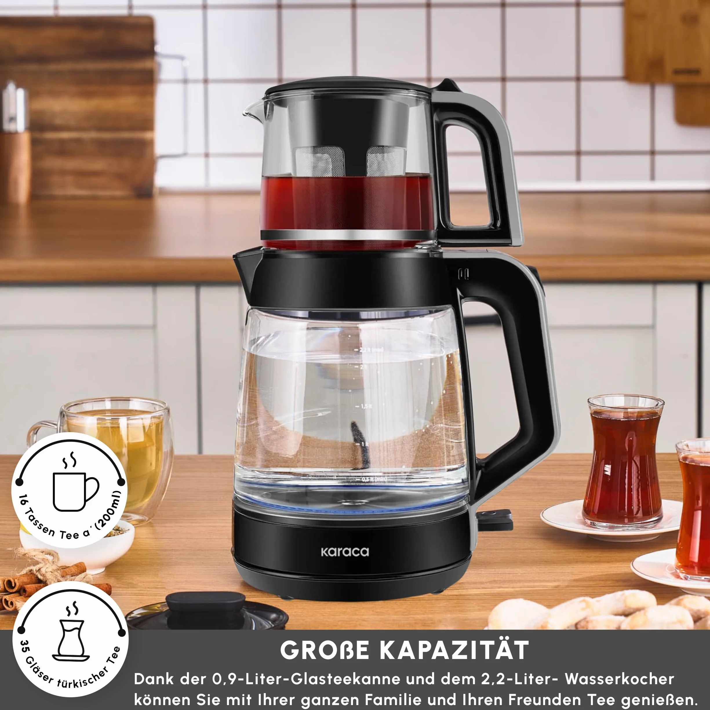 Karaca Turecki ekspres do herbaty XL – 2,2 l regulacja temperatury, czajnik elektryczny i dzbanek do herbaty 0,9 l z sitkiem, powiadomienie LED – 1900 W, wielofunkcyjny zaparzacz do herbaty, Space