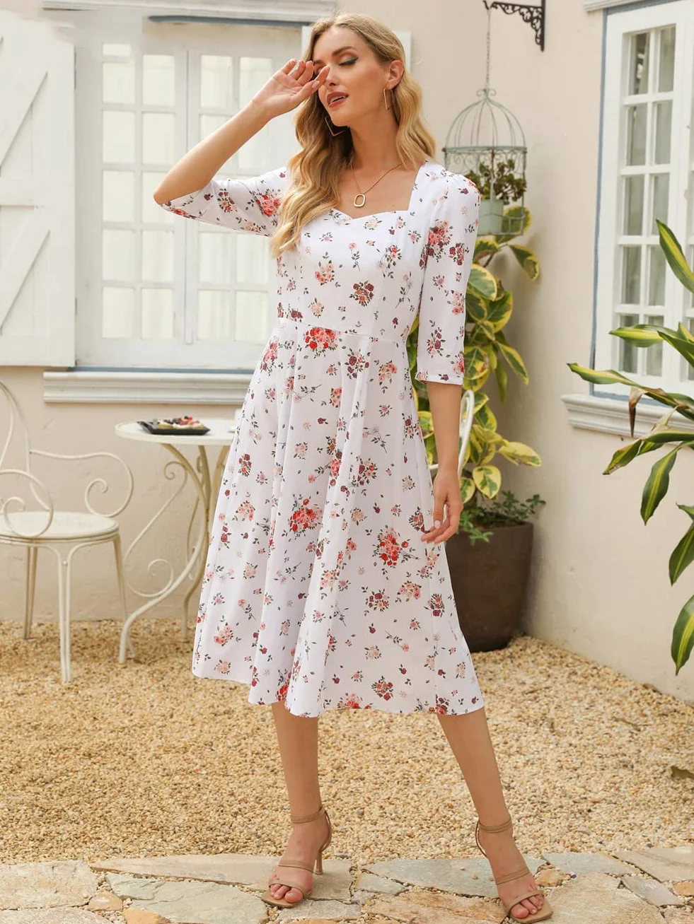 Damskie sukienki midi z nadrukiem kwiatowym kwadratowy kołnierz rękaw 3/4 linia A Party Vestidos styl francuski