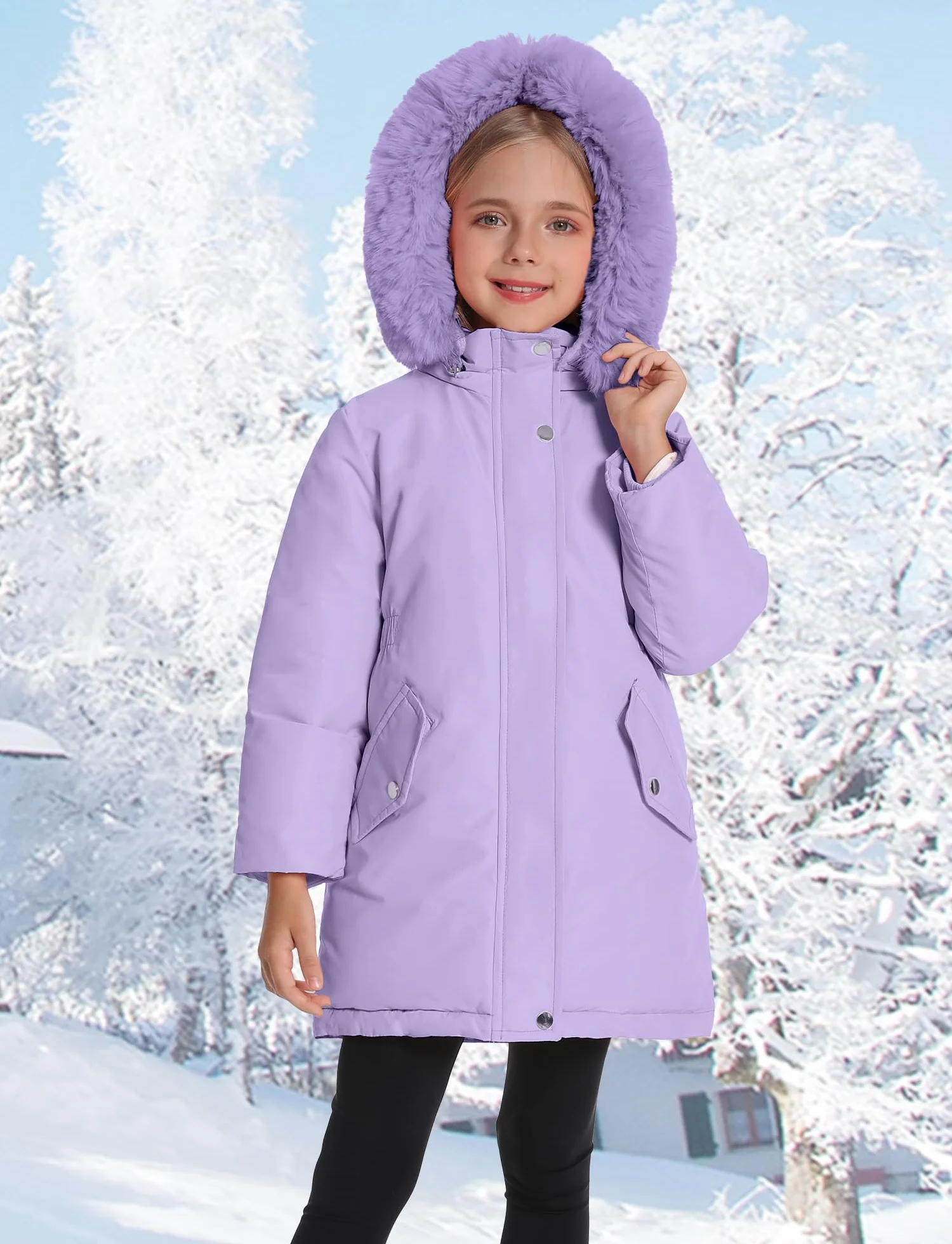 FEOYA Dziecięce kurtki parka dla dziewczynek, zimowe puchowe z kapturem, kurtka ciepła, wyściełana polarem, z kieszeniami, 3-11 lat, Fioletowy, 5-6 Years