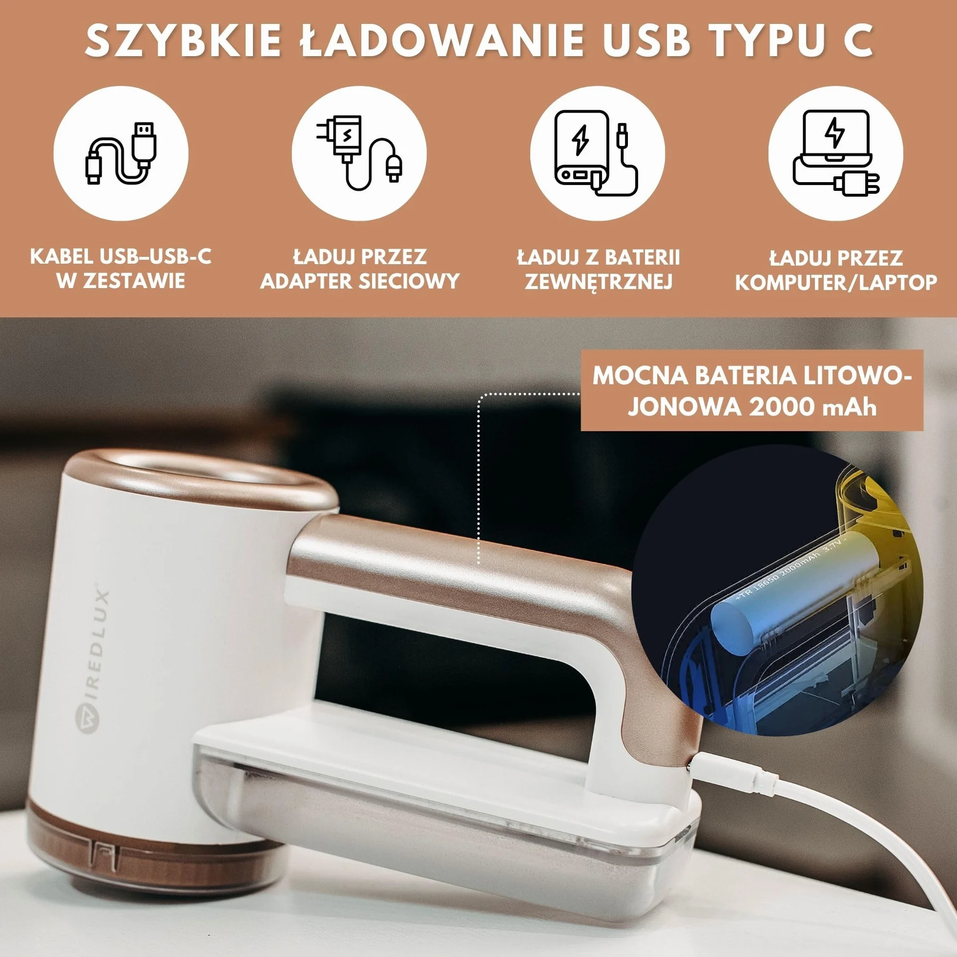 Elektryczna Golarka do Kłaczków, Regulowana 3-Biegowa Prędkość, Ostrze z 6 Listkami, Wyświetlacz LED, Ładowanie przez USB Biały