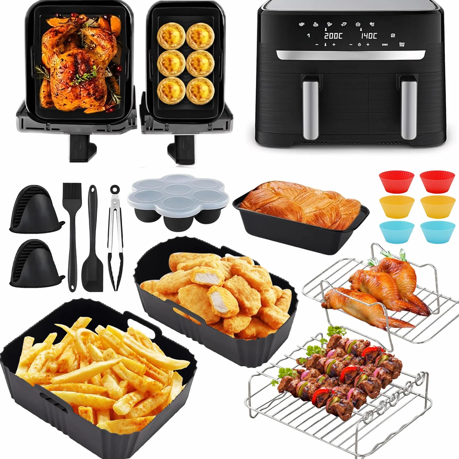 Tefal EY9018 Dual Easy Fry & Grill Akcesoria Do Frytkownicy Na Gorące Powietrze 5,2/3,1 L Silikonowa Forma Do Pieczenia Chleba Foremki Do Muffinek Ruszt Grillowy