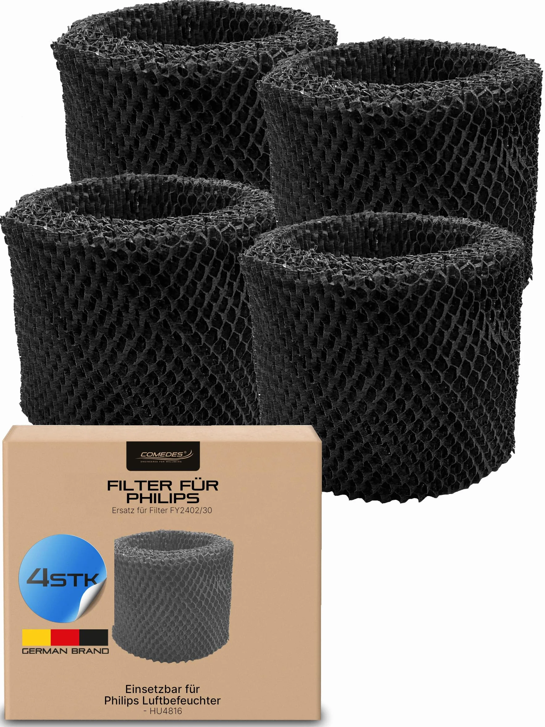 Comedes Filtr zastępczy do nawilżacza powietrza Philips HU4816, kompatybilny z oryginalnym filtrem FY2402/30, higieniczne nawilżanie powietrza, do 99% mniej bakterii (4 sztuki)