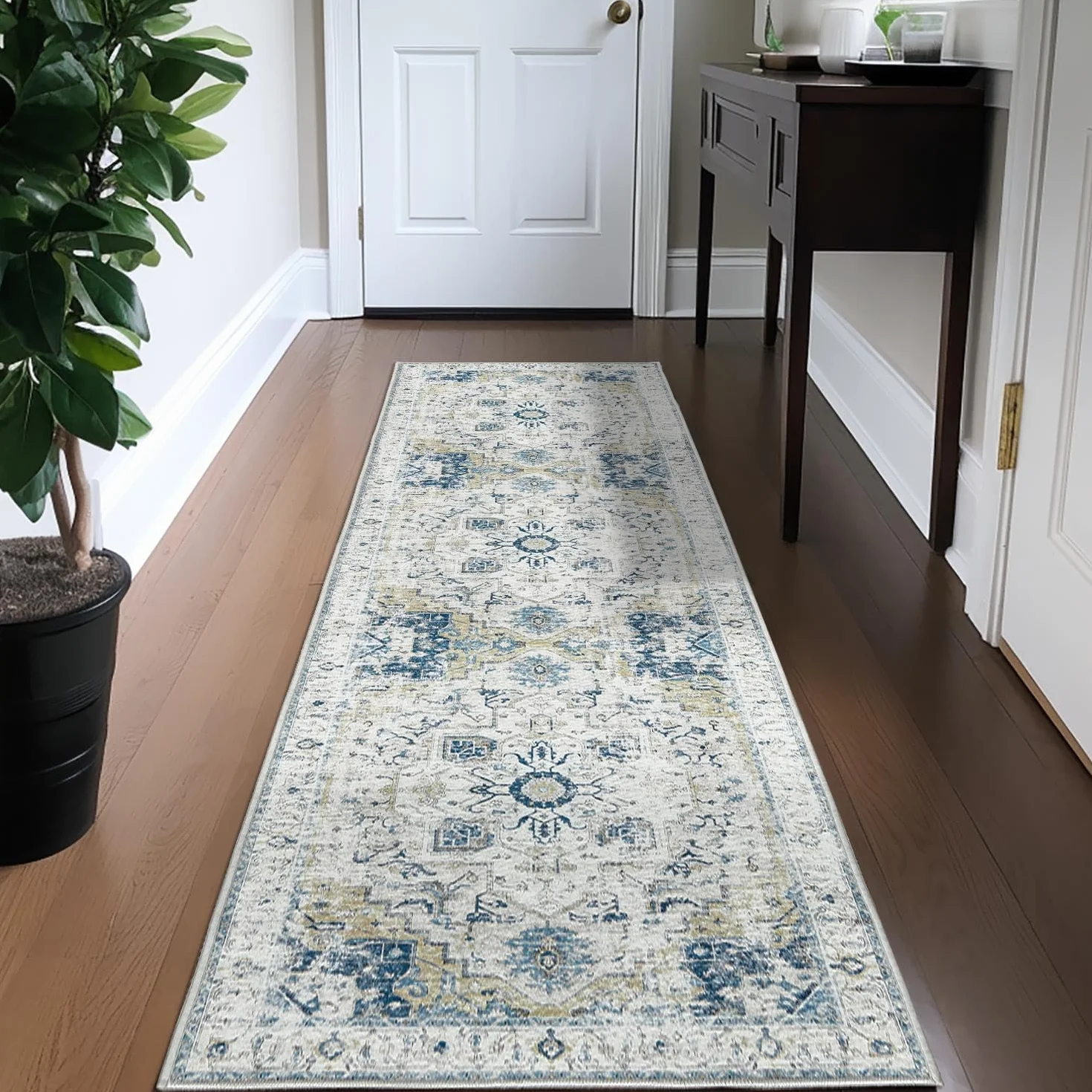 TOPICK Chodnik na korytarz, nadaje się do prania, super cienki dywan w stylu vintage, kwiaty, krótkie runo, orientalny dywan kuchenny, długi, 60 x 210 cm, jasnoniebieski, do sypialni, salonu, jadalni,