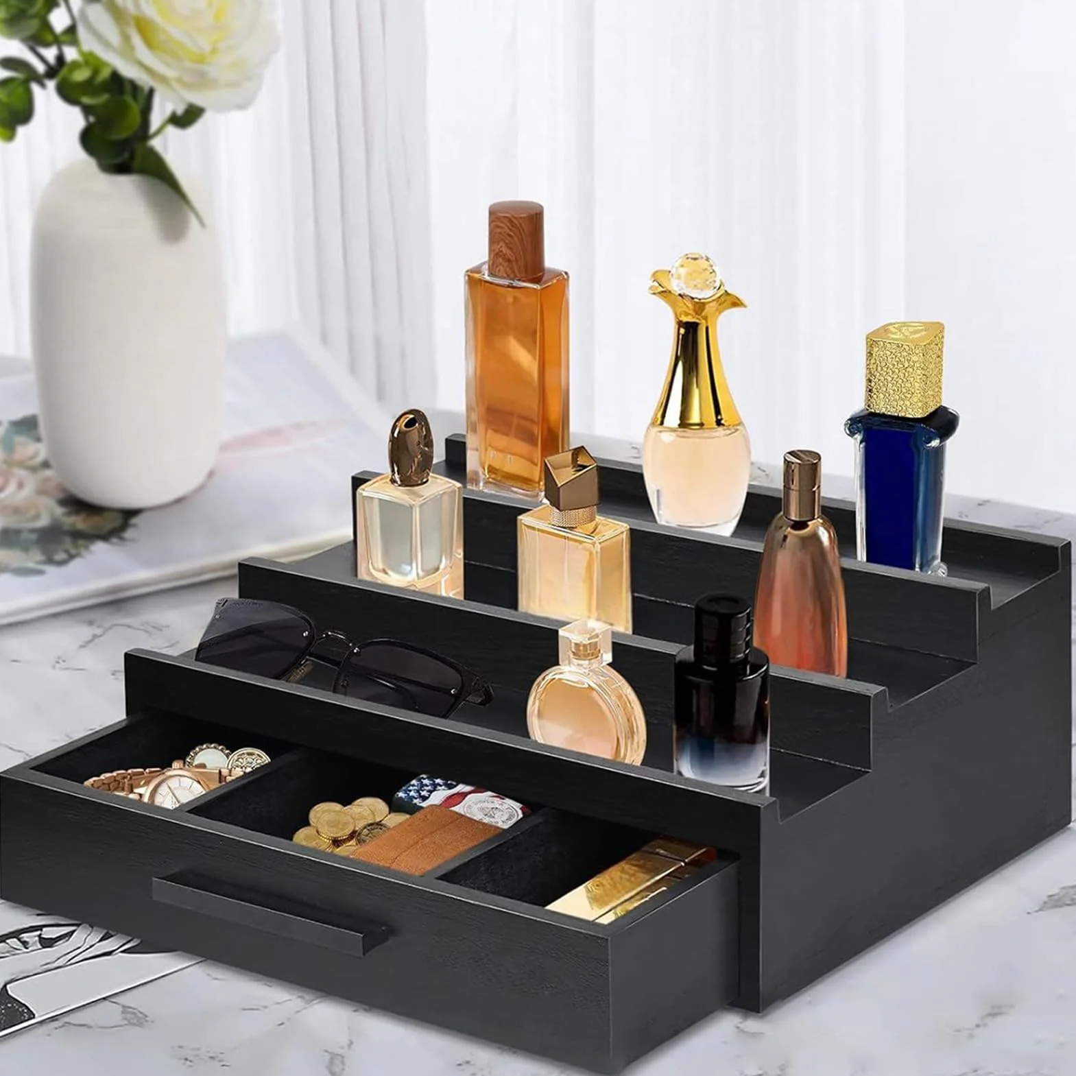 Drewniany organizer na perfumy 3-poziomowy czarny