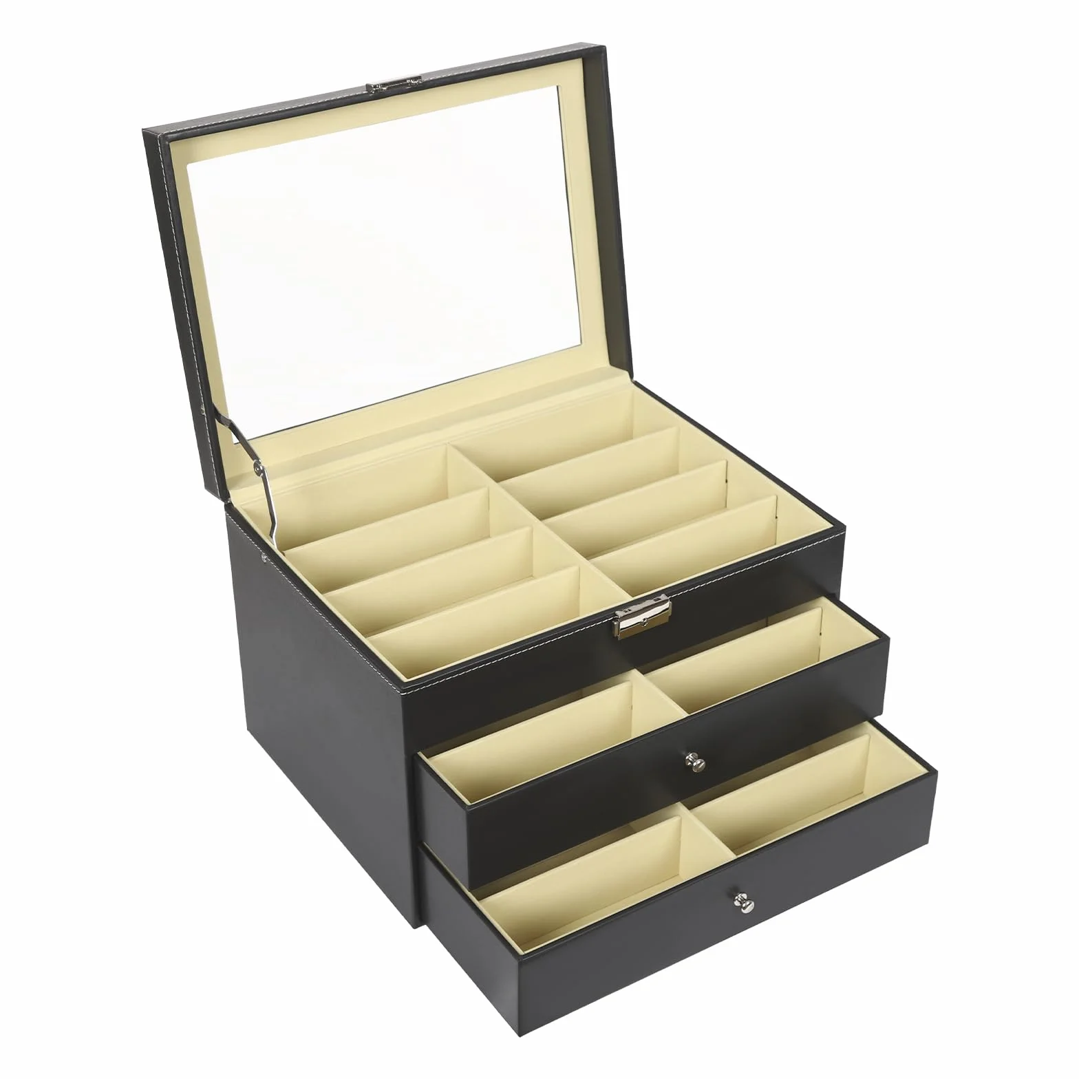 Pudełko na okulary, 3-warstwowe etui na okulary przeciwsłoneczne, do przechowywania 24 okularów, wyświetlacz okularów przeciwsłonecznych, 34 x 25 x 19 cm