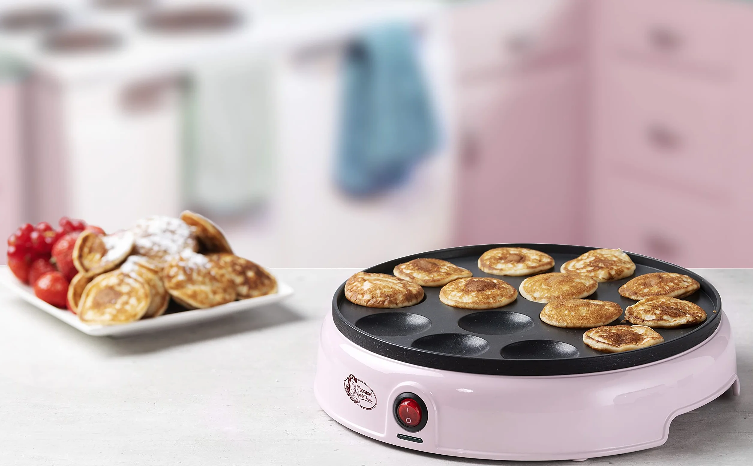 Bestron Poffertjesmaker 800 W różowy retro zestaw z butelką do ciasta