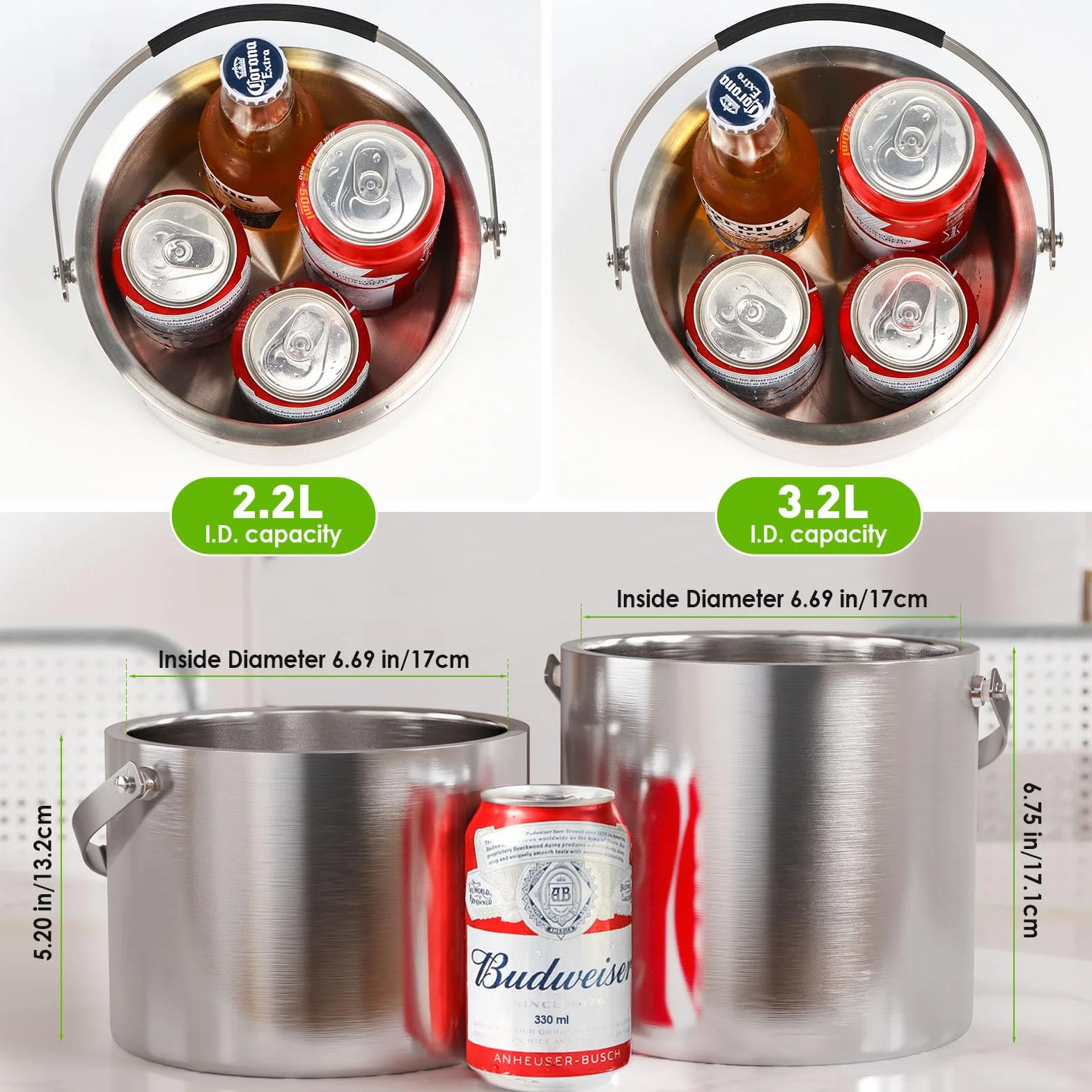 Pojemnik na kostki lodu 3,2 l, z pokrywką i szczypcami, z podwójnymi ściankami, izolowany pojemnik na kostki lodu ze stali nierdzewnej, wiadro na kostki lodu, do przechowywania kostek lodu