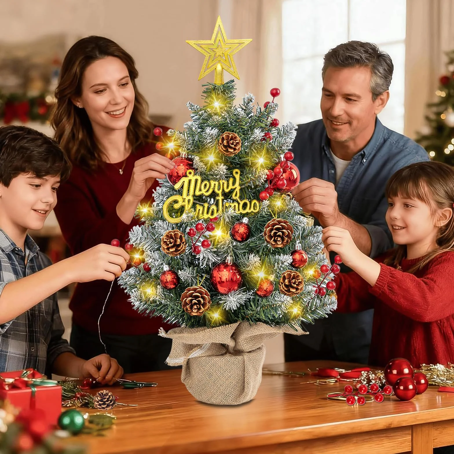 Sztuczna Choinka LED 55 cm Mini Choinka Świąteczna na Stół z Zawieszkami