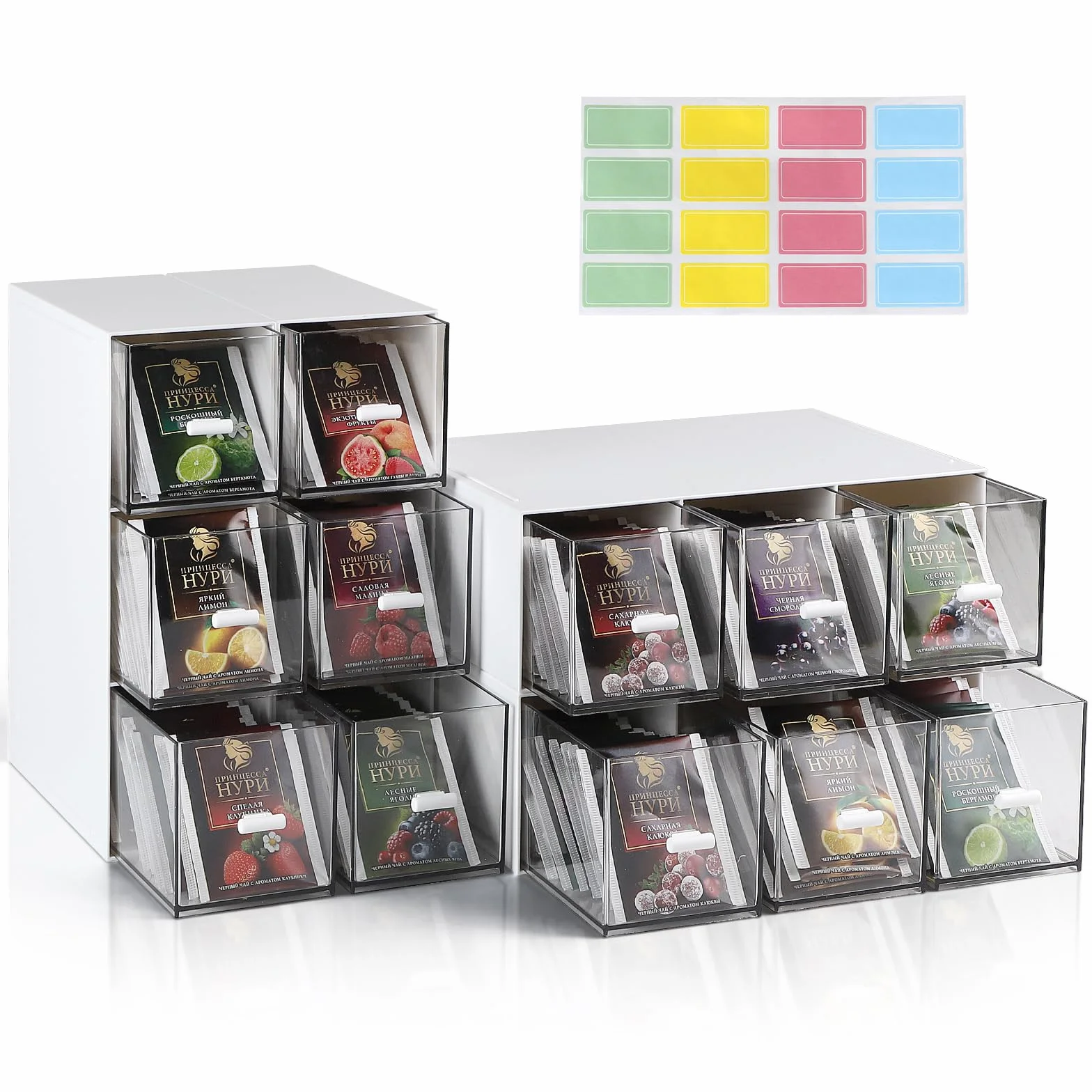EFUTURETIME 4 sztuki plastikowych skrzynek na herbatę z 12 szufladami 22,6x16,5x7,6cm Organizer na torebki herbaty, przechowywanie herbaty sypkiej, torebek herbaty, kawy, cukru, długopisów i