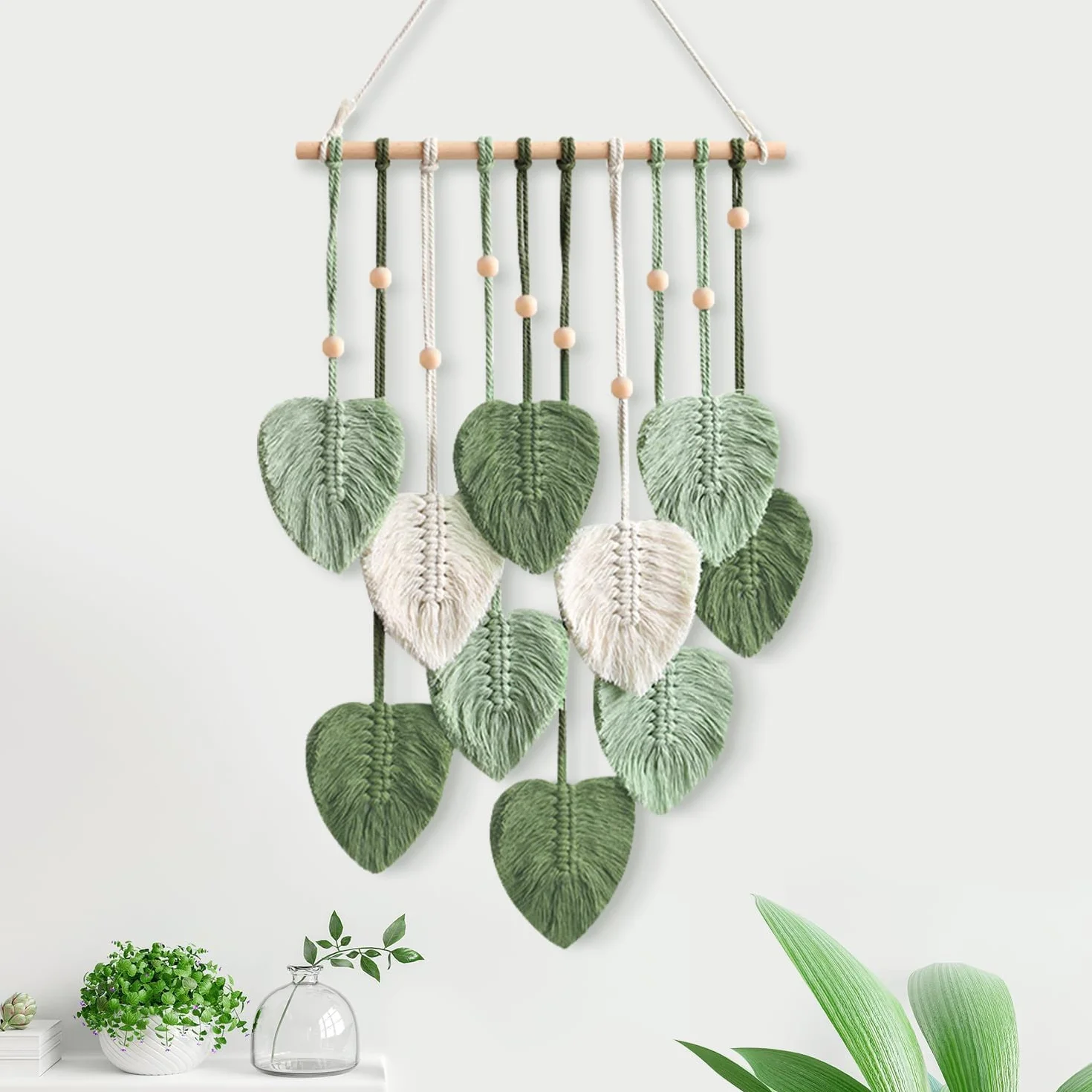 Comius Sharp Macrame Wall Hanging Boho Decor, Leaf Tapestry, Woven Tassels, 40 x 90 cm, Zielony