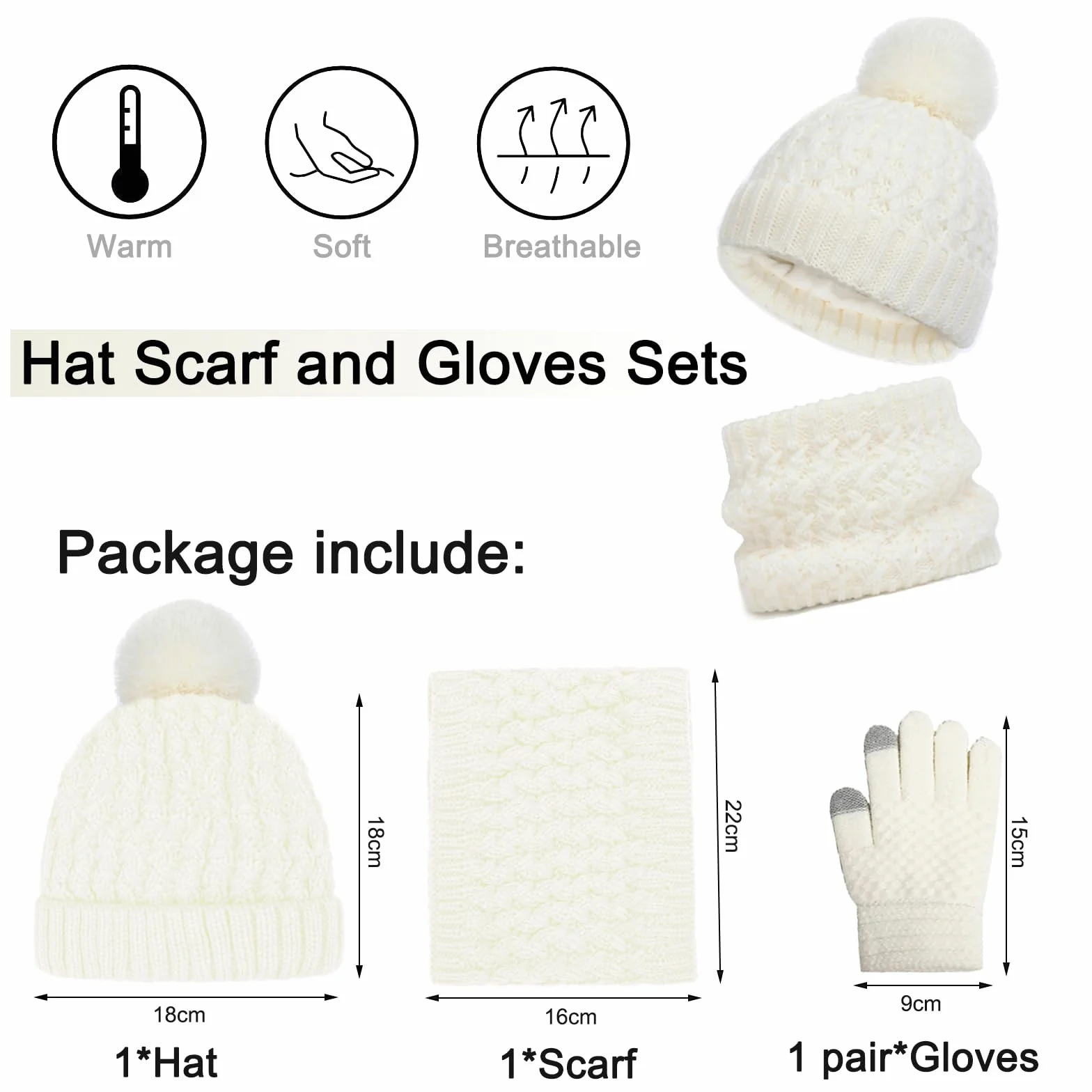 Baynetin Dziecięca czapka zimowa, szalik, rękawiczki, zestaw 3 szt., ciepła pomponowa, czapka beanie, czapka z ekranem dotykowym, okrągły zestaw z polarową podszewką, dla chłopców i dziewczynek w