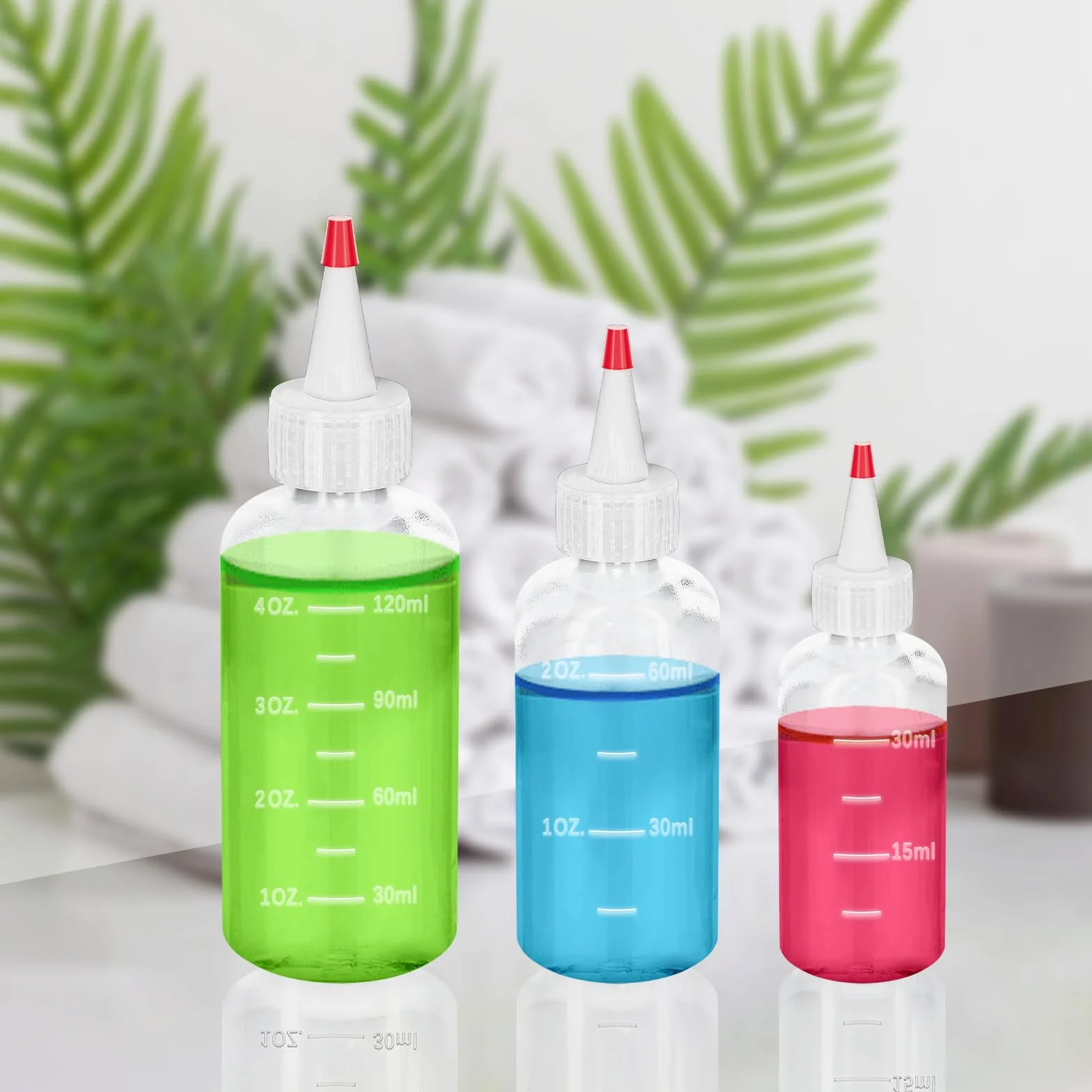 Butelka z rozpylaczem, 18 sztuk, butelka dozująca, butelka do wyciskania, 30 ml/60 ml/120 ml, butelki z rozpylaczem, z czerwonymi końcówkami i nakrętkami, lejki, etykiety, szczotki do sosu sojowego