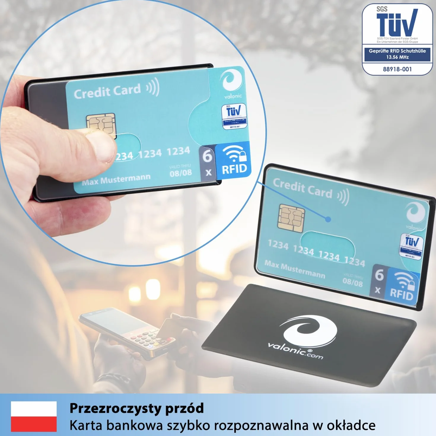 valonic RFID Blocker osłona ochronna - 6 sztuk - przetestowane przez TÜV - tworzywo sztuczne - przezroczyste - osłony ochronne NFC - osłona do kart kredytowych i kart EC