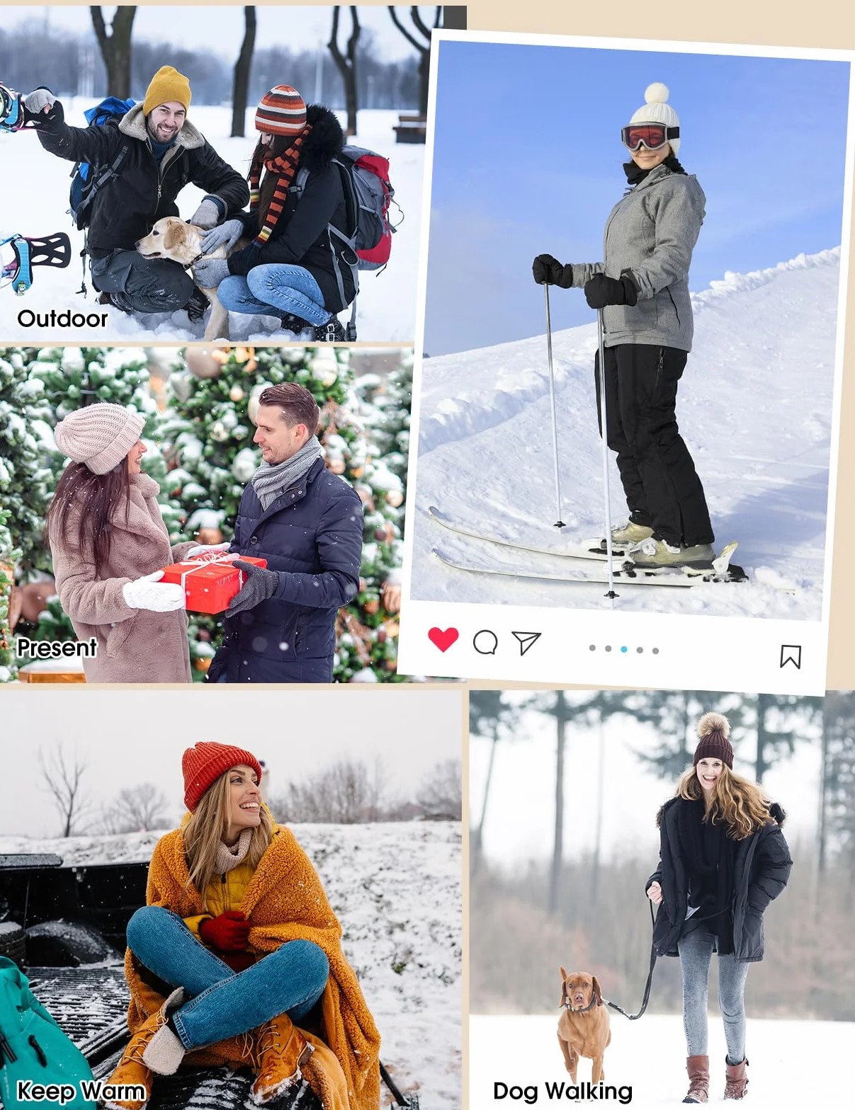 Niwicee Dzianinowa czapka i szalik, zestaw 5 szt., zestaw zimowy, ciepła czapka z podszewką polarową, szalik i rękawiczki do ekranów dotykowych, zestaw narciarskich damskich ocieplaczy uszu, skarpety