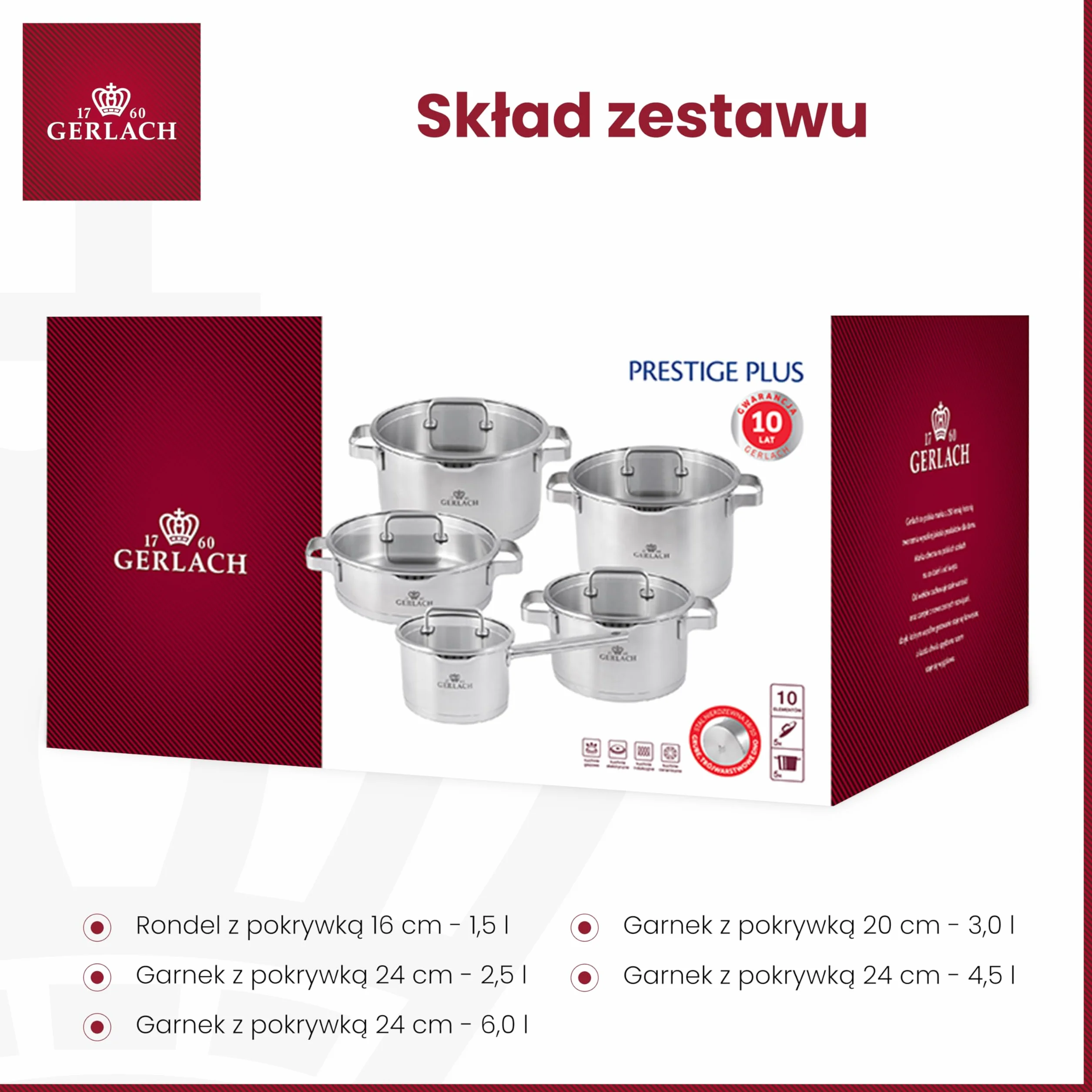 Gerlach Prestige Plus Zestaw Garnków, Srebrny, 10 El.