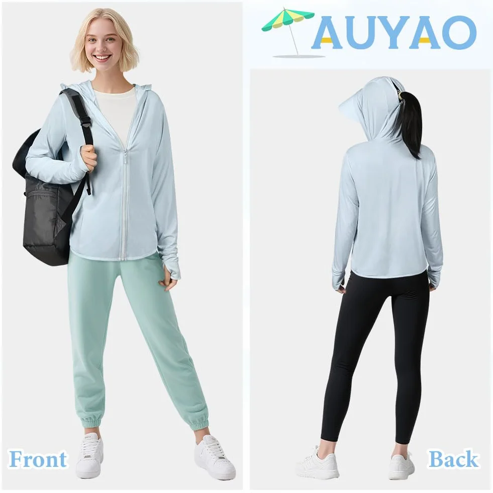 AUYAO Damska bluza z kapturem UPF 50+, ochrona przed słońcem, z długim rękawem, ochrona przed słońcem, ochrona przed promieniowaniem UV, lekka kurtka z kapturem z otworami na kciuki, do wędrówek