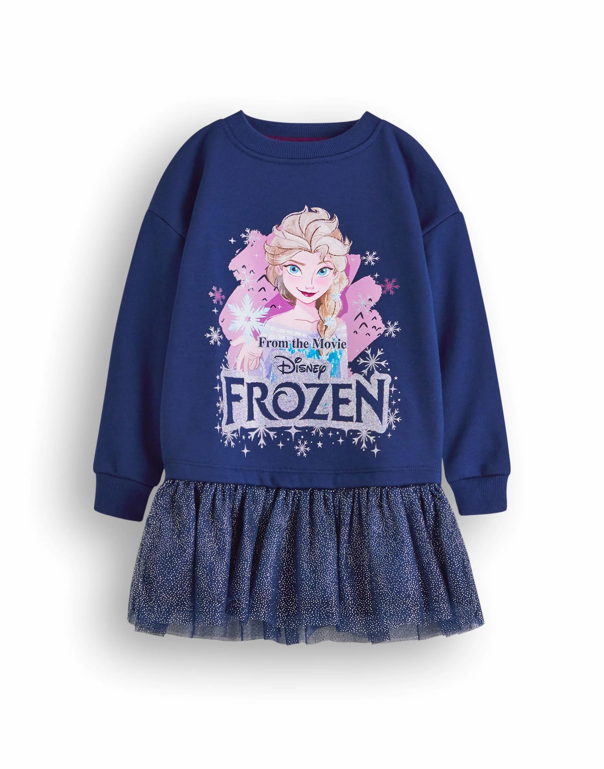 Disney Frozen Girls sukienka swetrowa | dziecięca bluza księżniczki Elsa z błyszczącą spódnicą tiulową w kolorze granatowym | błyszczący sweter graficzny w kompletnym filmie