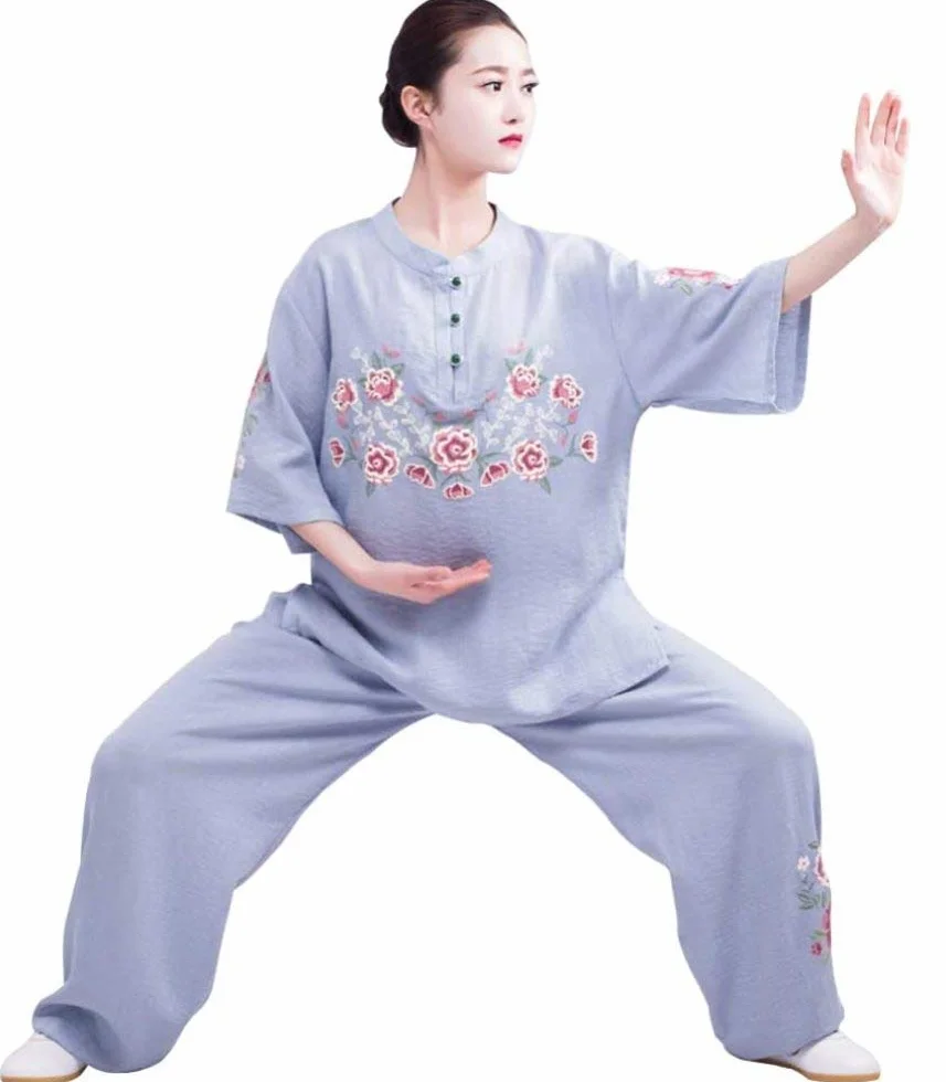 Tai Chi garnitur odzież damska bawełna i len lato Tai Chi odzież treningowa len odzież do sztuk walki, niebieska-S