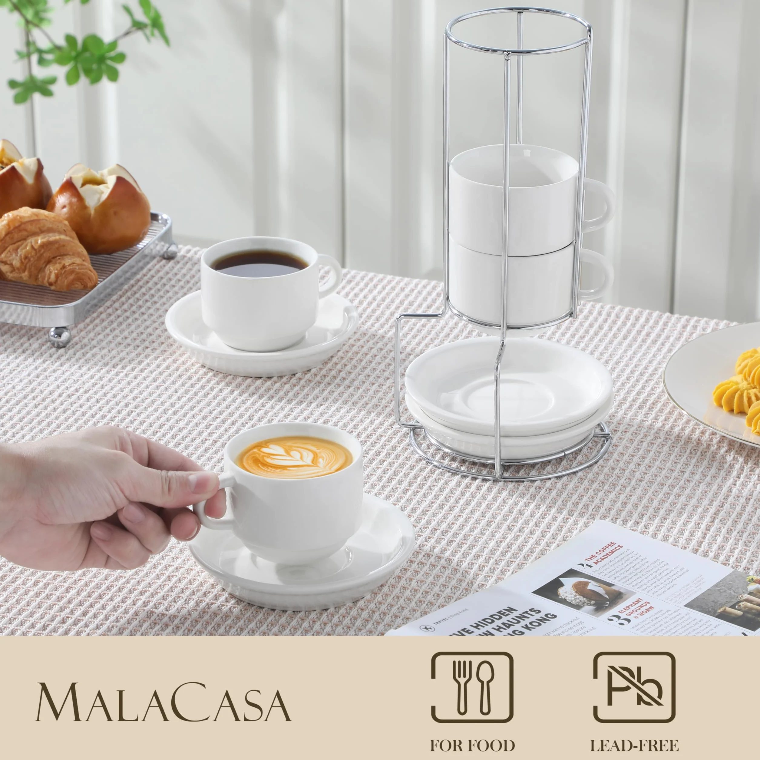 MALACASA REGULAR 4-częściowy zestaw filiżanek do kawy dla 4 osób, 150 ml, serwis do kawy z spodkiem i metalowym stojakiem, idealny do espresso, cappuccino, latte, moka i herbaty, biały