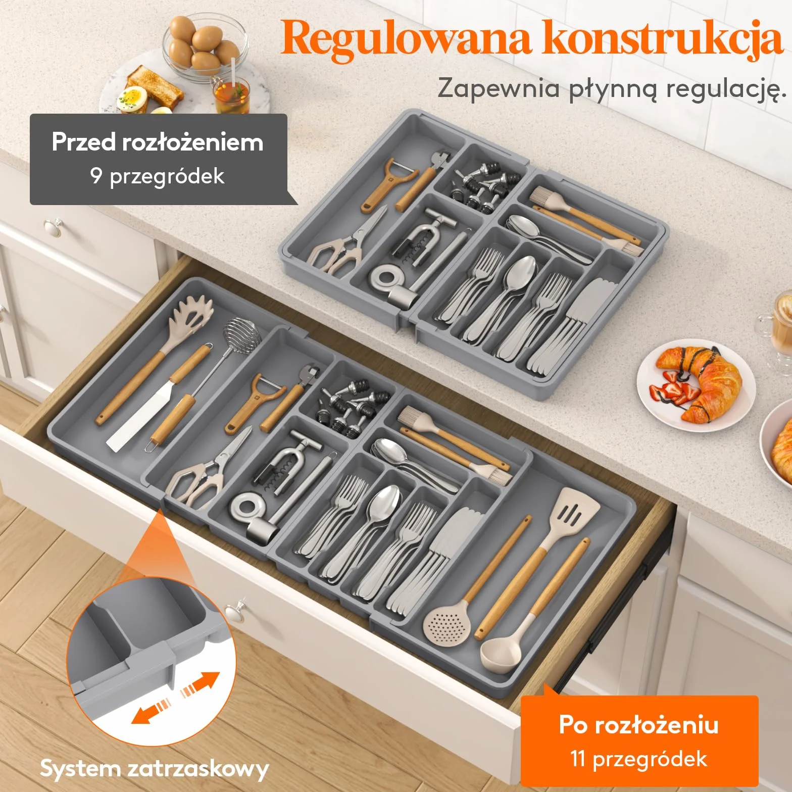 Lifewit Duży Organizator Szuflad Srebrnych, Plastikowa Taca na Naczynia do Kuchni, Rozszerzalna od 45.1cm do 91.4cm, Regulowana Płaska Łyżka na Nóż Widelcowy Uchwyt na Gadżety, Szary