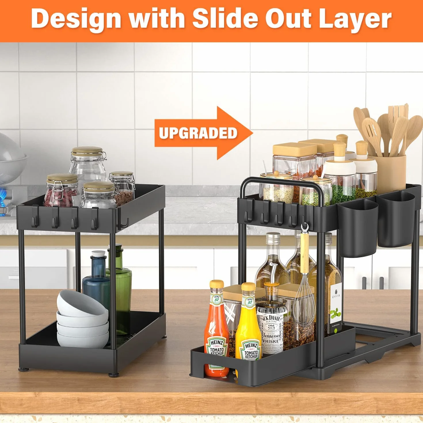 CompraFun Organizer pod zlewem 2 poziomy, przesuwany organizer pod zlew kuchenny z 4 haczykami i 2 wiszącym koszem, wyjmowana półka do przechowywania pod zlewem kuchnia, łazienka
