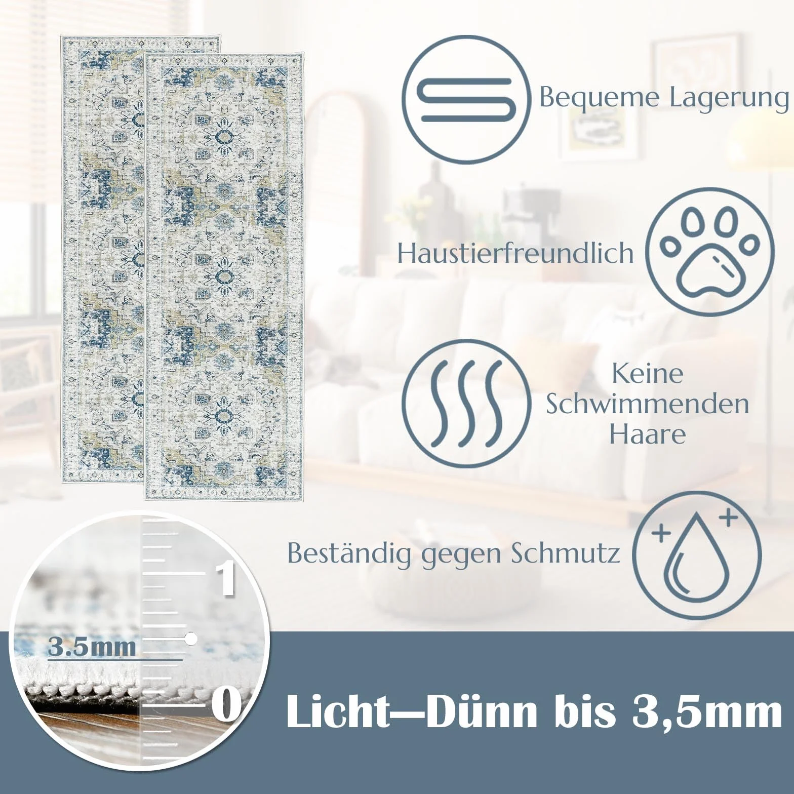 TOPICK Chodnik na korytarz, nadaje się do prania, super cienki dywan w stylu vintage, kwiaty, krótkie runo, orientalny dywan kuchenny, długi, 60 x 210 cm, jasnoniebieski, do sypialni, salonu, jadalni,