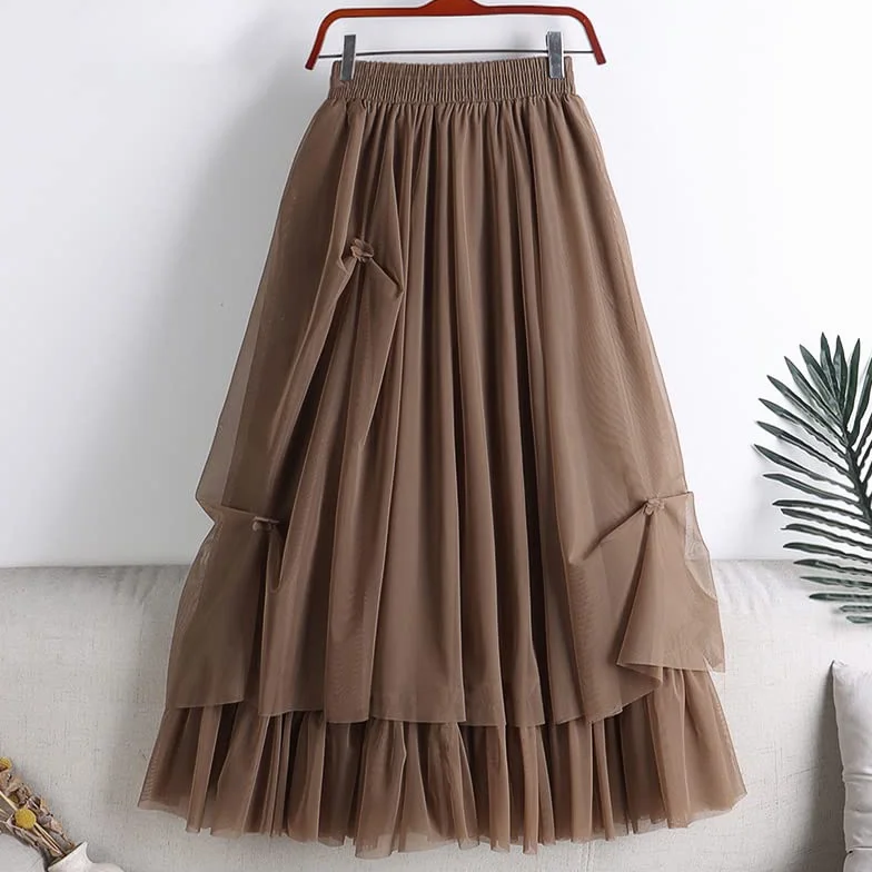Nieregularna tiulowa spódnica w kolorze khaki i czarnej, damska siateczka z wysokim stanem, elegancki, długi, plisowany styl kobiecy