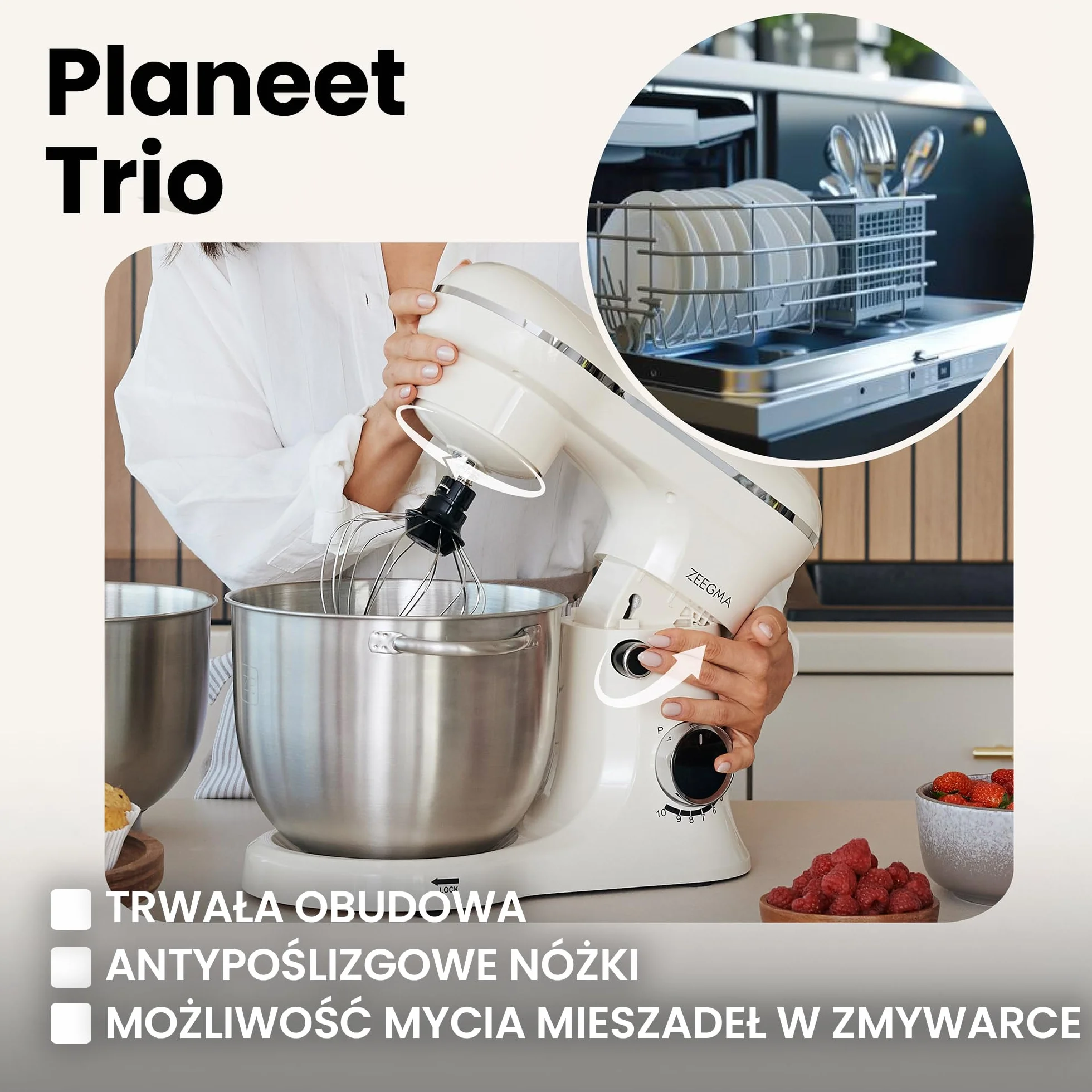 Robot Planetarny 1500 W Z 3 Misami 4l 4,5l 5,2l 10 Prędkości Mikser Hak Mieszadło Trzepaczka Biały