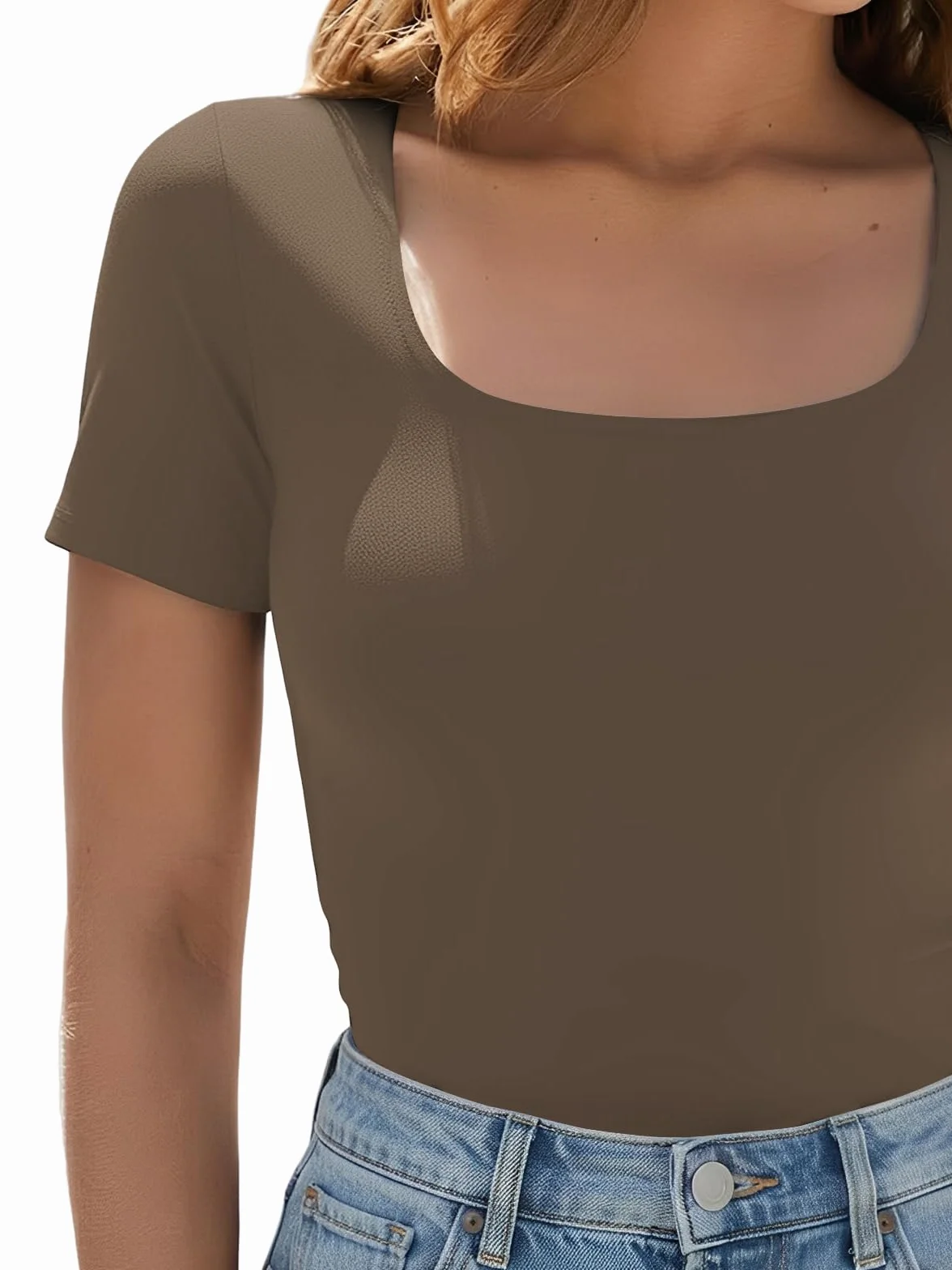 Cuptacc Koszulka Damska Kwadratowym Dekoltem,Podstawowy z Krótkim Rękawem Tshirt Damska, Elastyczny Top na Lato