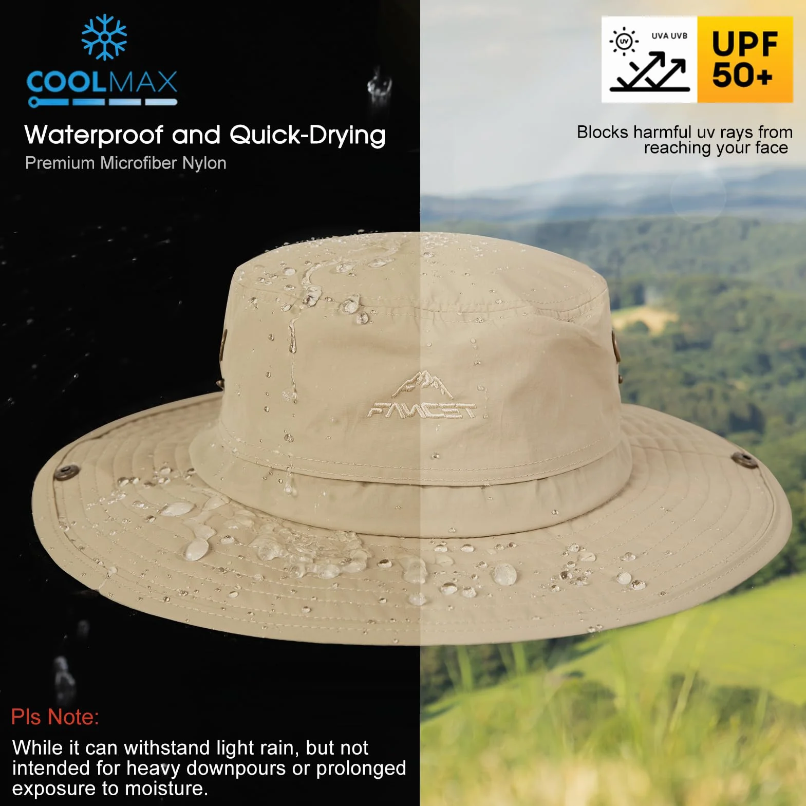 TOP-EX Męski i damski kapelusz przeciwsłoneczny z ochroną karku UV, wodoodporny kapelusz Safari, outdoorowy kapelusz na lato, trekking, wędrówki, UPF 50+, kapelusz wędkarski z szerokim rondem