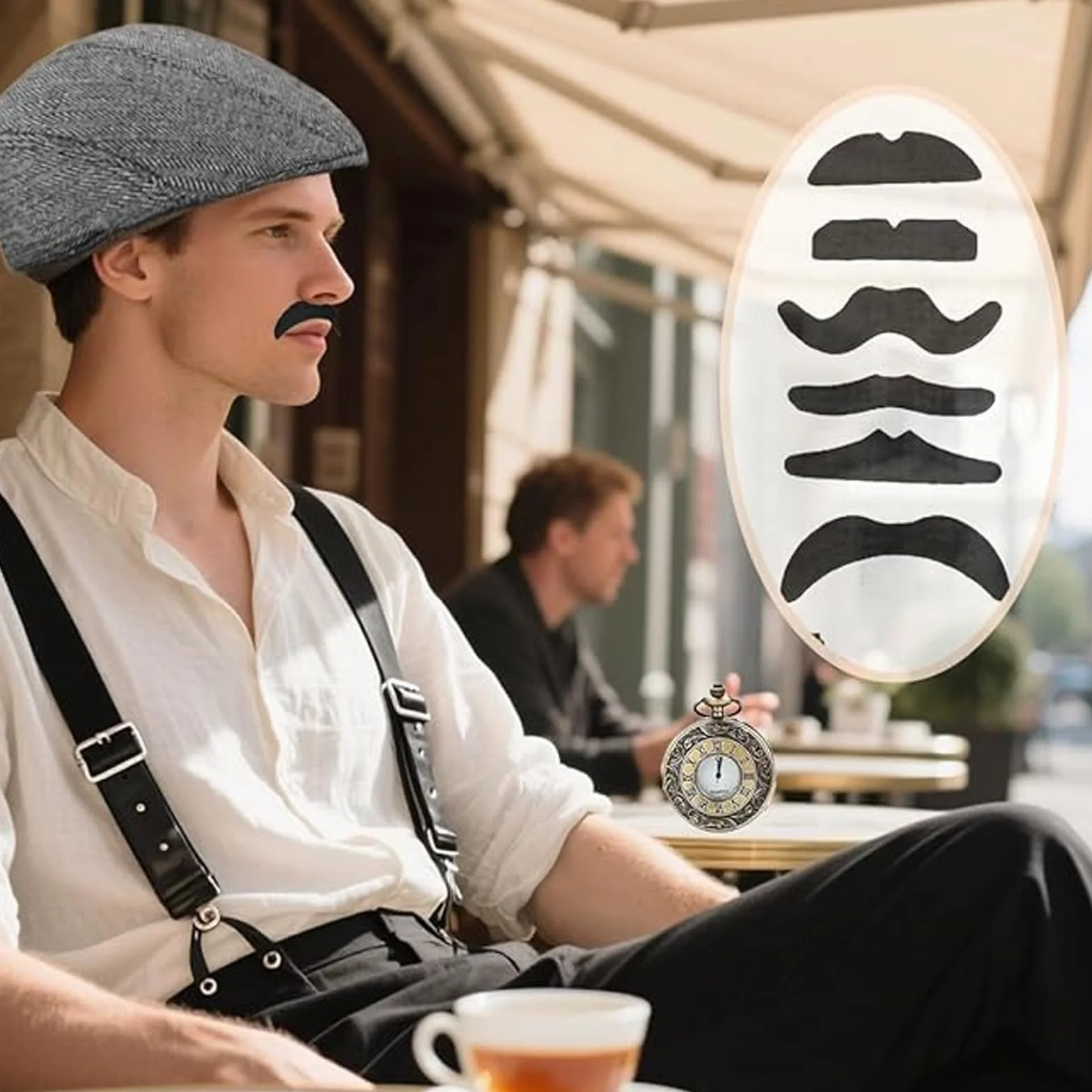 LATRAT Kostium męski w stylu lat 20. XX wieku, kostium karnawałowy z kapeluszem panamskim, szelkami, zegarkami kieszonkowymi, okularami, muszką, krawatem, brodą