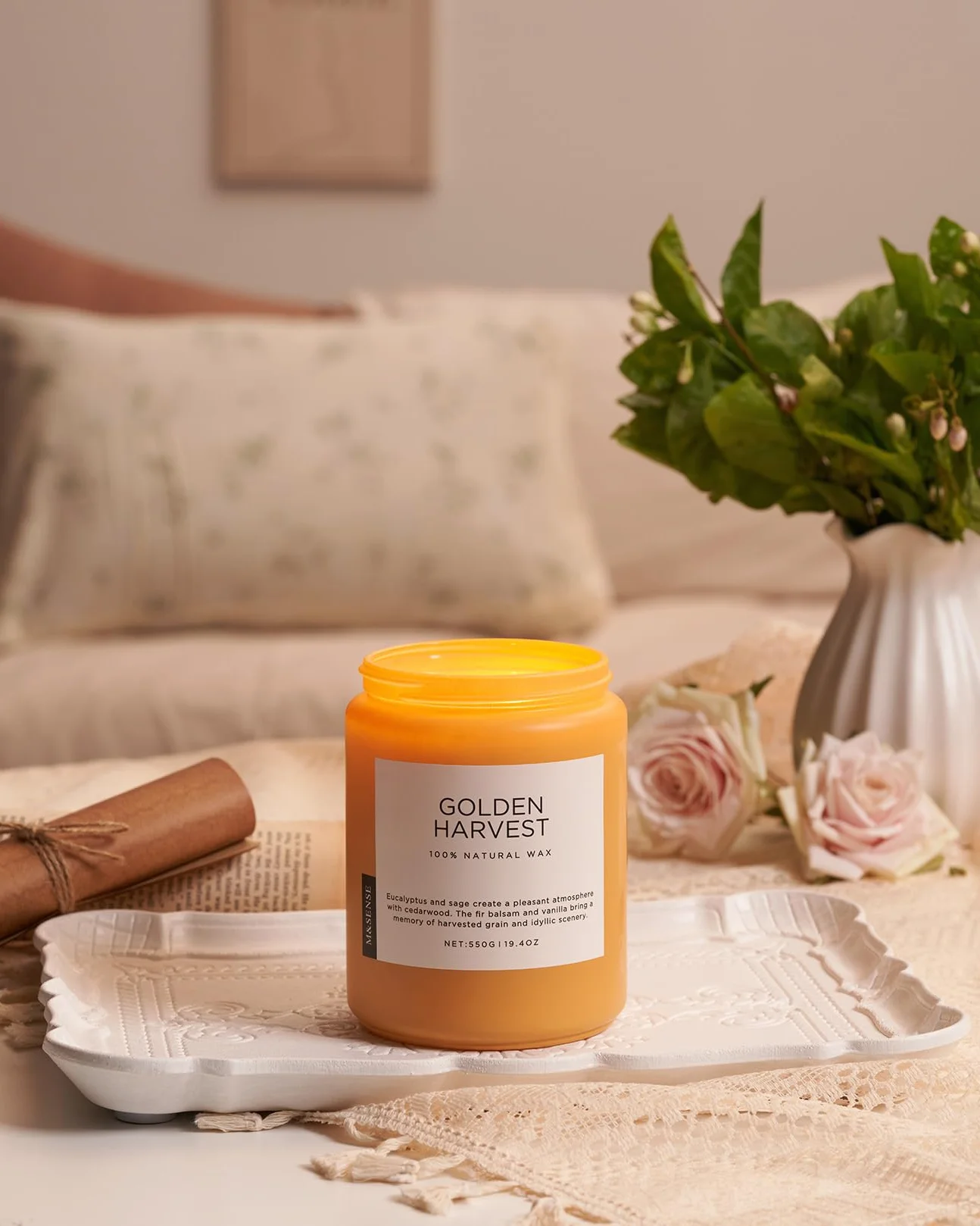 M&SENSE Złote zbiory Świece sojowe w szkle 2 knoty 550g 110h Eukaliptus & Balsamtuja prezent