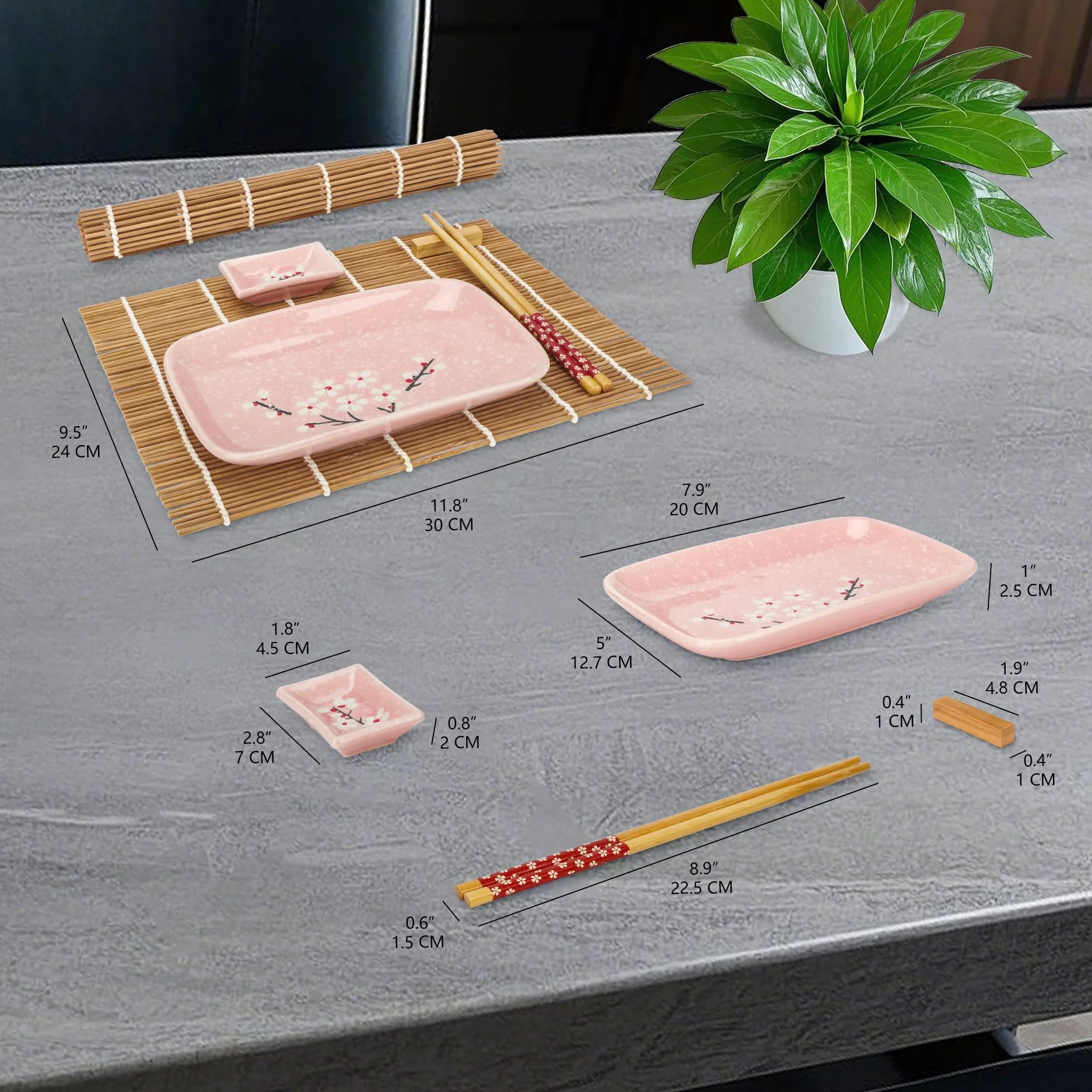 EXZACT Zestaw talerzy do sushi, 10 szt., 2 x talerze do sushi, 2 x miski do dipów, 2 x podkładki, 2 x podpórki na pałeczki, 2 pary pałeczek, wysokiej jakości porcelana, pudełko upominkowe, różowe