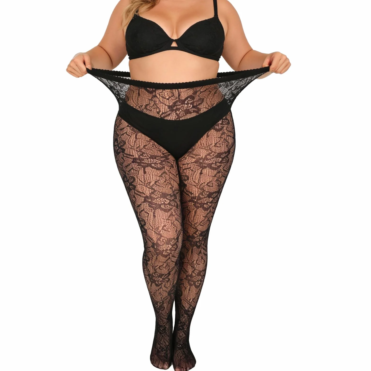 Lusofie 2 szt. koronkowe rajstopy plus size kwiatowy wzór - wysoka talia czarne pończochy plus size dla kobiet - wygodne do 104 kg elastyczne aksamitne rajstopy kabaretki