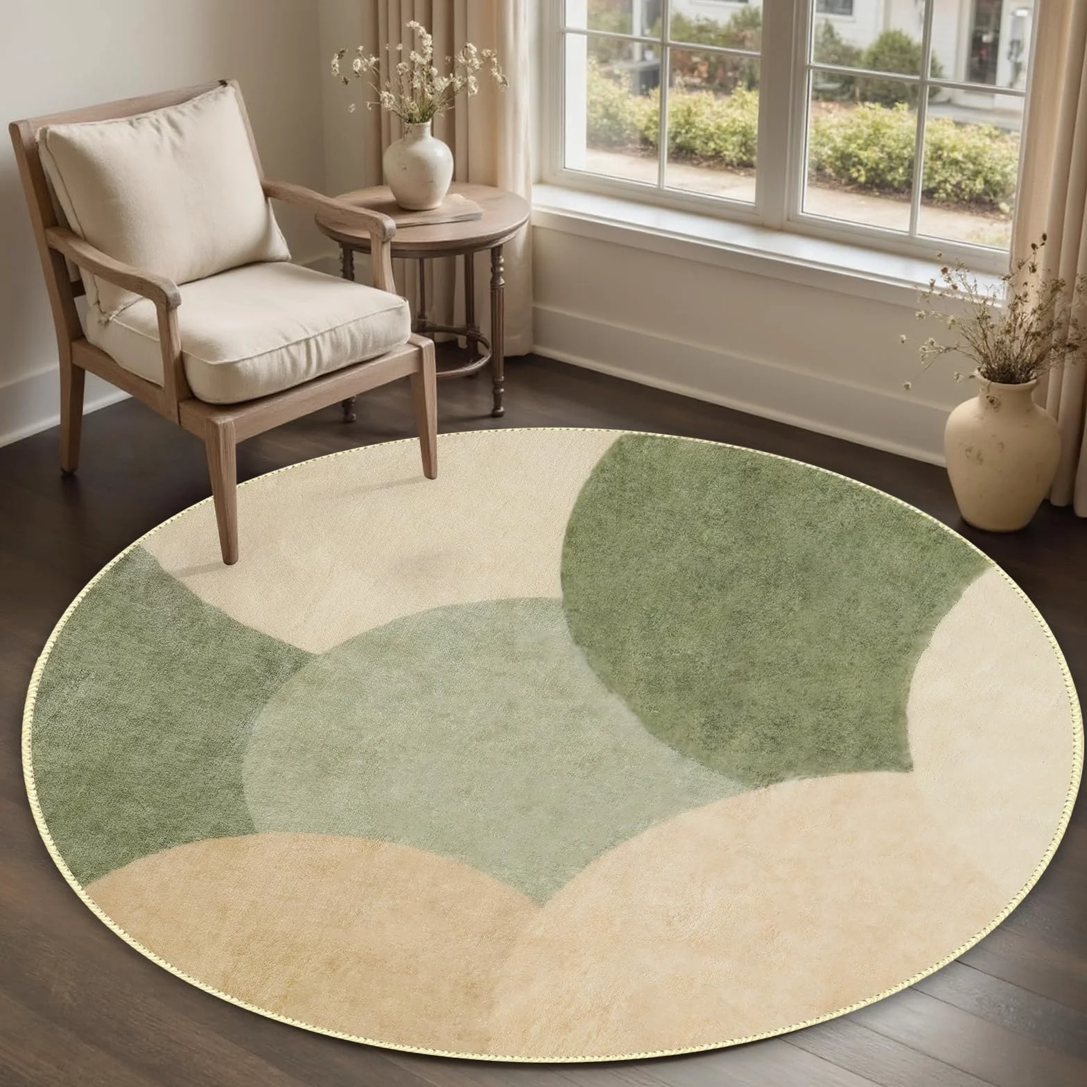 Okrągły dywan 200 cm, zielony, taupe, turkusowy, półkole, puszysty, antypoślizgowy, z krótkim włosiem, do salonu, nadaje się do prania, nowoczesny, miękki