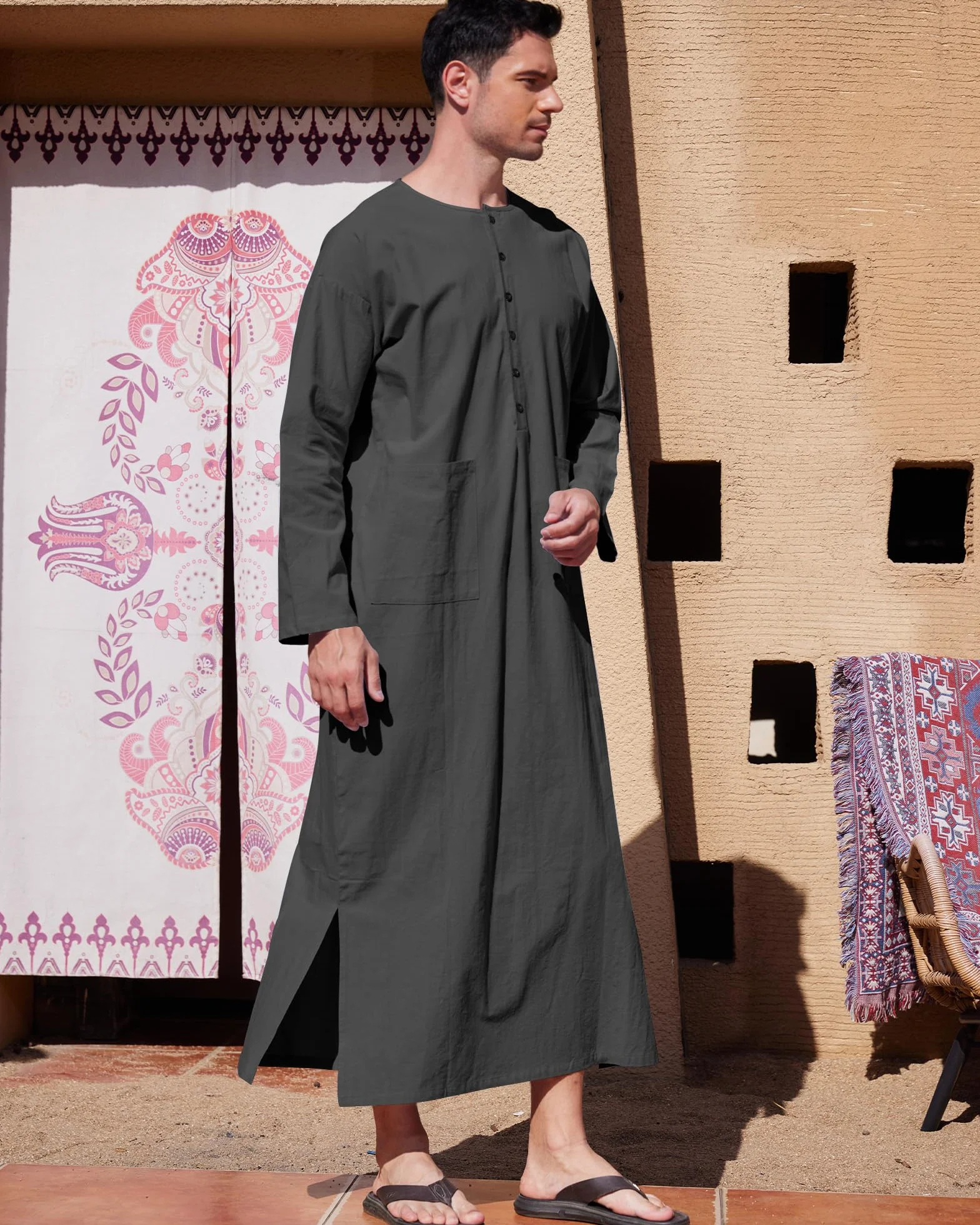 YAOHUOLE Męski kaftan z dekoltem w serek z długim rękawem, kaftan, męski, długi guzik, wysokie Thobe, z bawełny, z kieszeniami