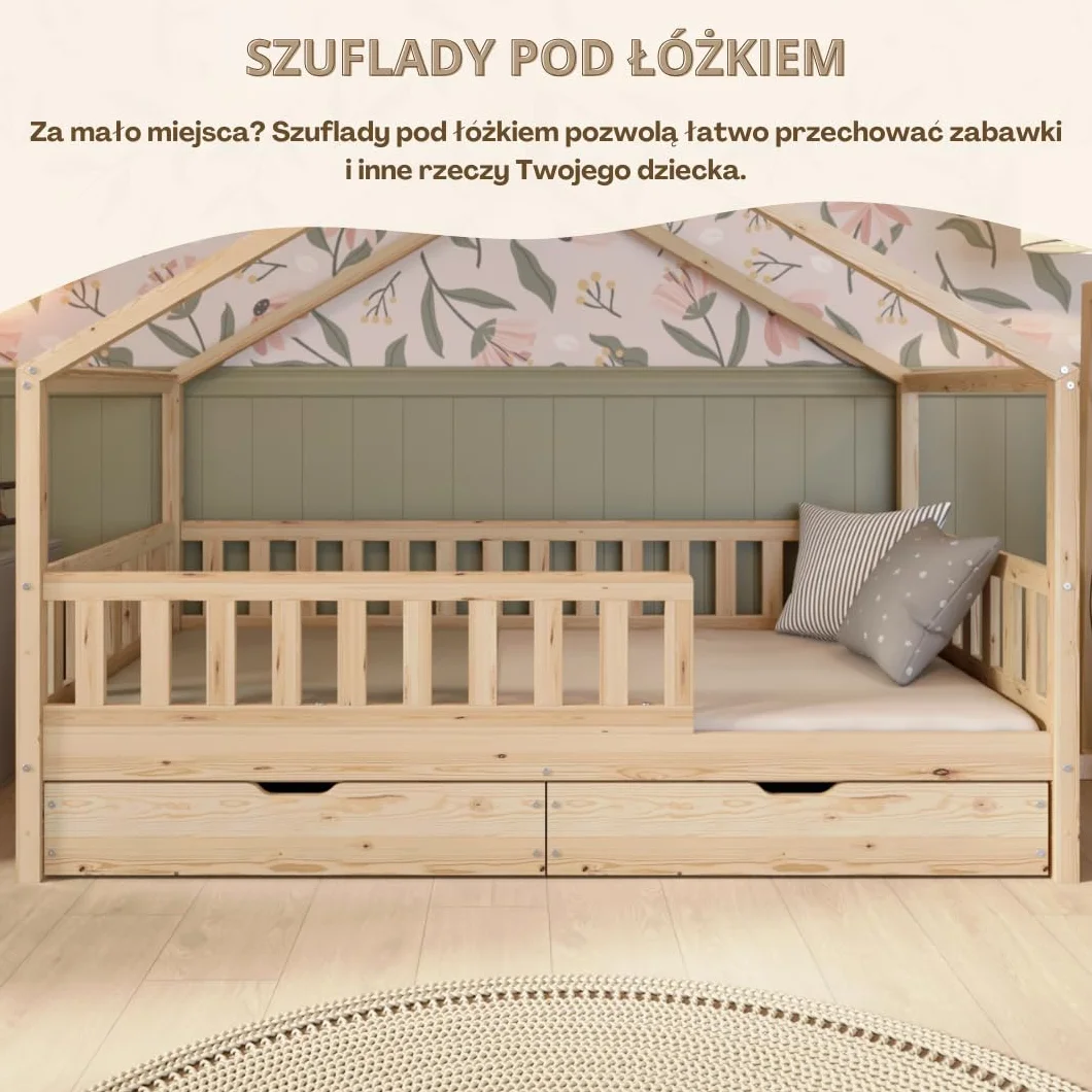 Łóżko domek z szufladami Crazy House 200 x 120 cm – Łóżko dziecięce z naturalnego drewna z odkręcaną barierką – Łóżko Montessori