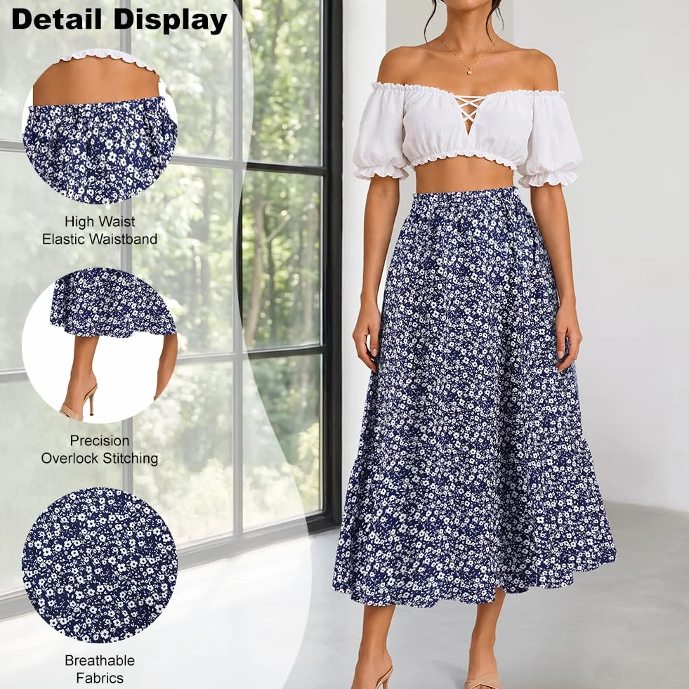 Aomig Długa spódnica damska, spódnice damskie w stylu vintage kwiatowy nadruk, elastyczne spódnice w kształcie litery A, spódnice damskie letnie eleganckie