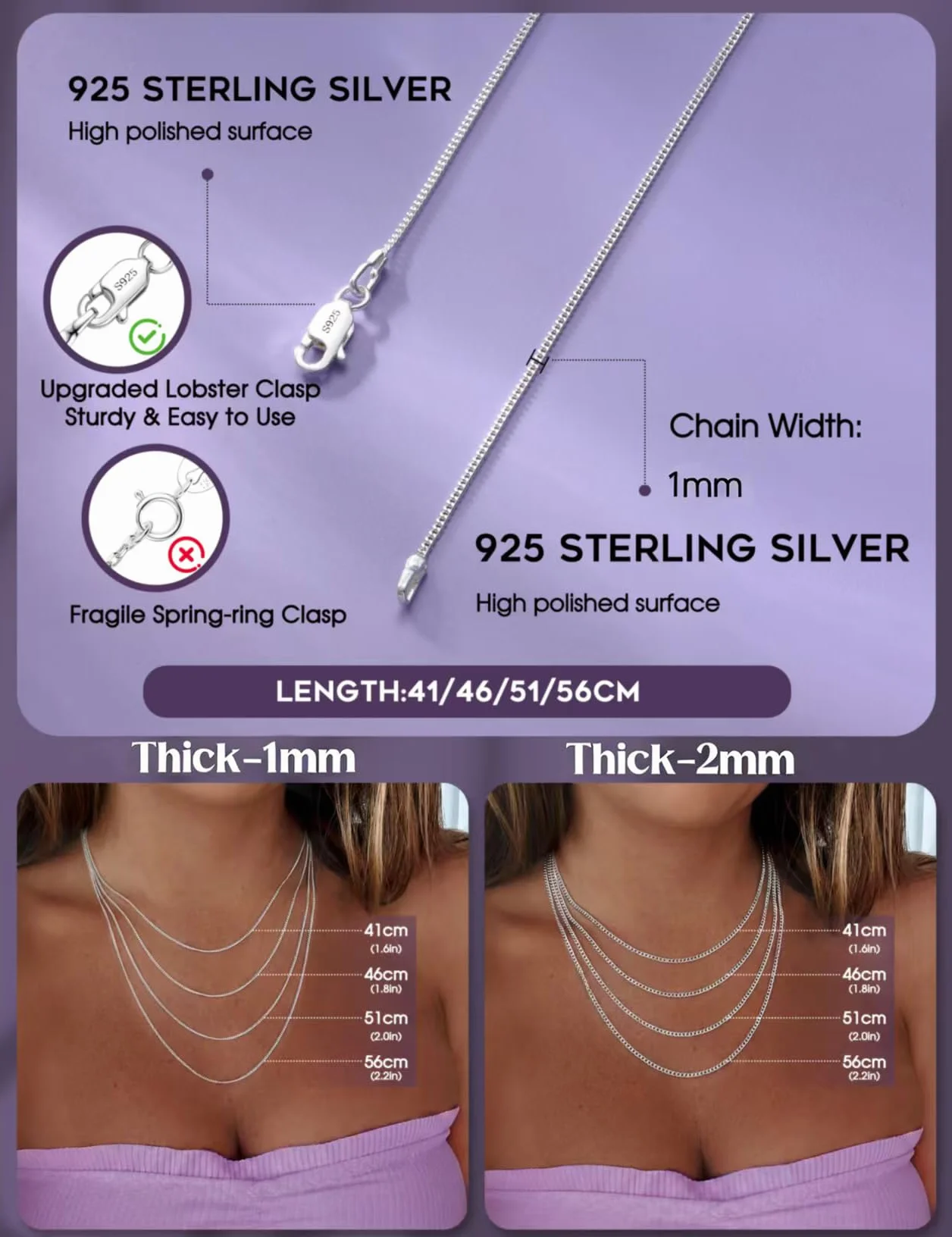 Dochais Naszyjnik damski srebro 925 szerokość 2 mm/3 mm łańcuszek damski srebrny 925 długość 41/46/51/56 cm łańcuszek na szyję prezenty