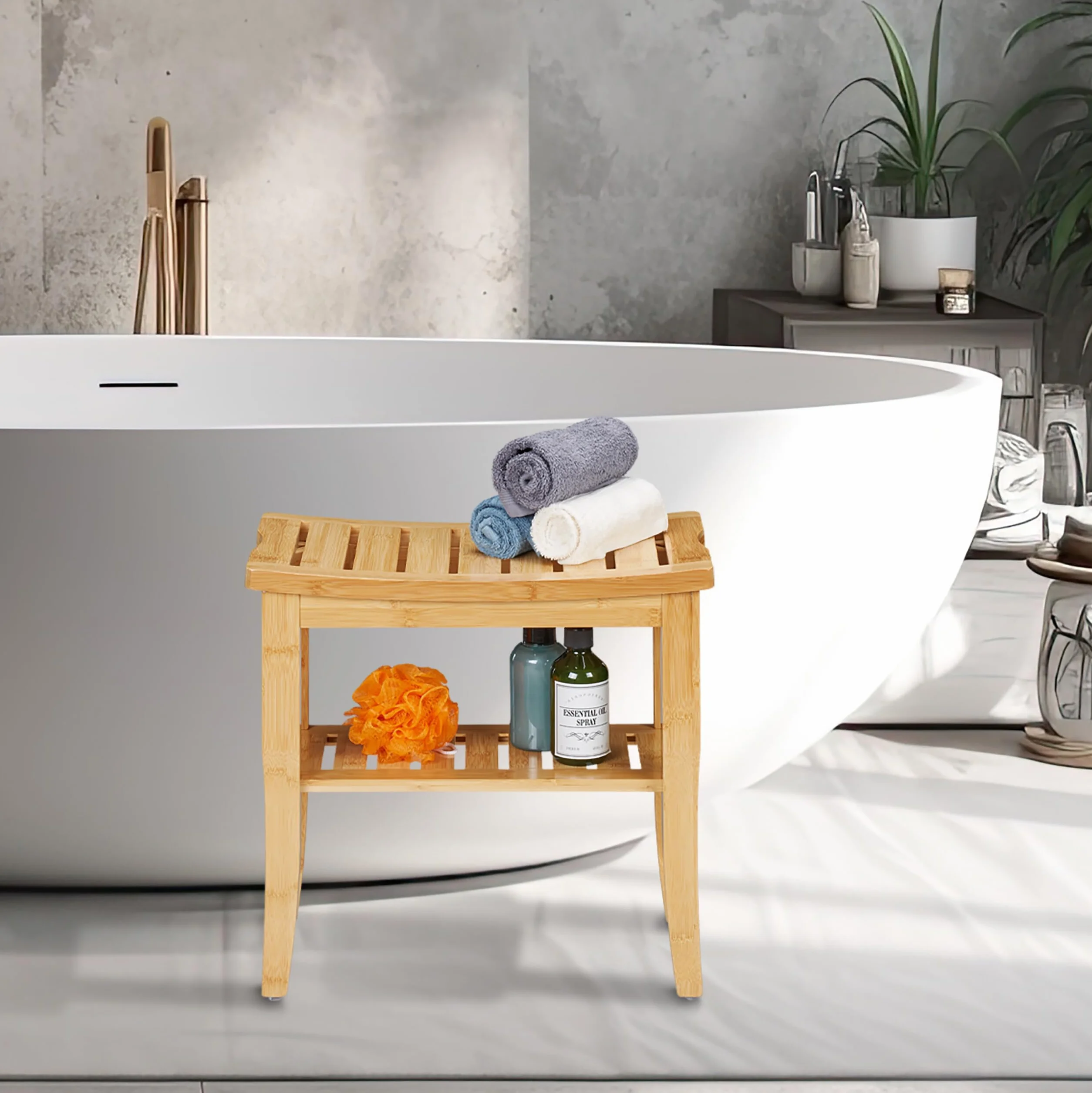 Relaxdays Taboret łazienkowy bambusowy, wys. x szer. x gł.: 45,5 x 48 x 25 cm, nośność: 150 kg, nóżki antypoślizgowe, taboret do siedzenia z półką, naturalny
