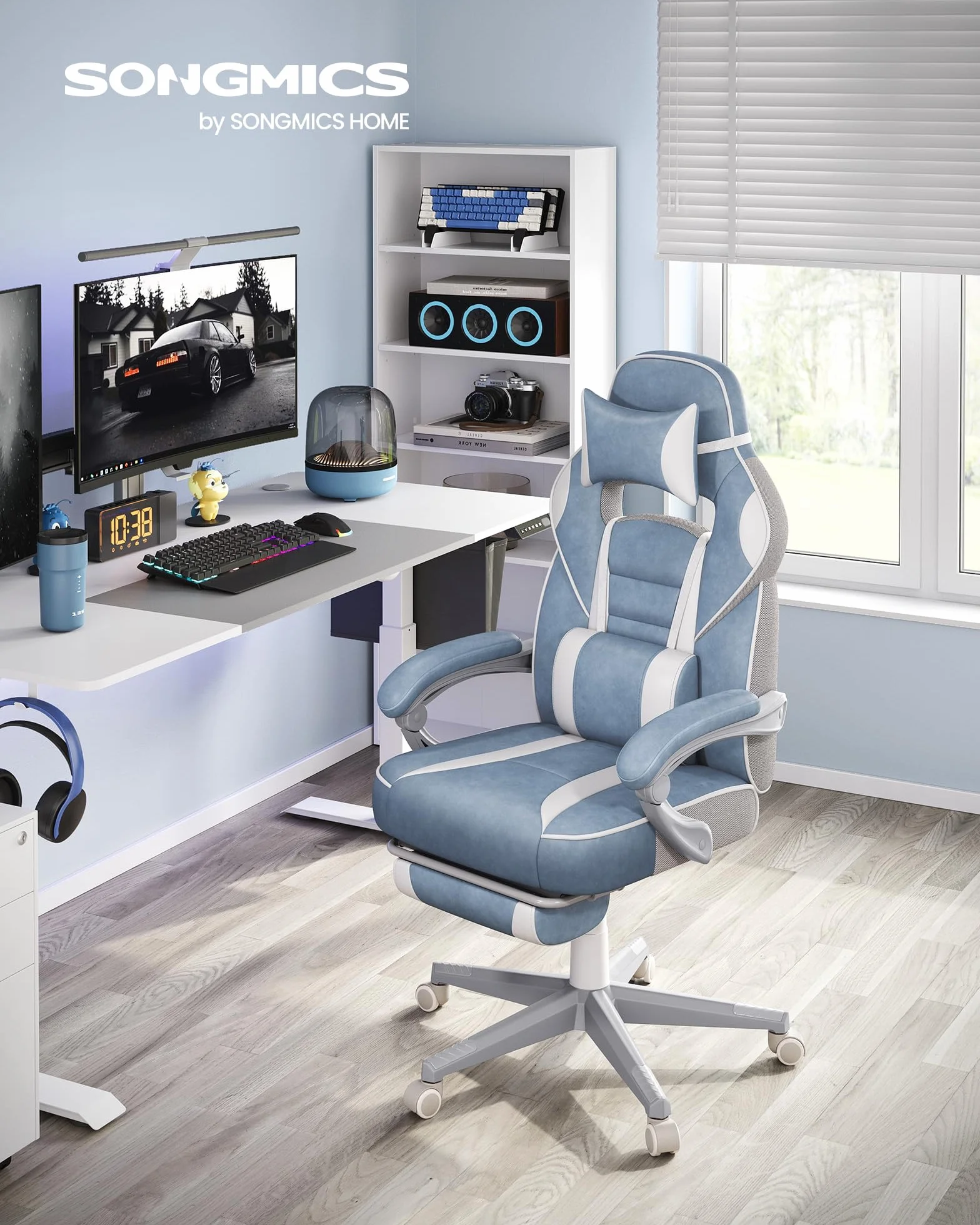 SONGMICS Fotel biurowy, fotel gamingowy, regulowany, podnóżek teleskopowy, mechanizm kołyskowy, zagłówek, podparcie odcinka lędźwiowego, obciążenie 150 kg, błękitny i kremowo-biały OBG073Q01