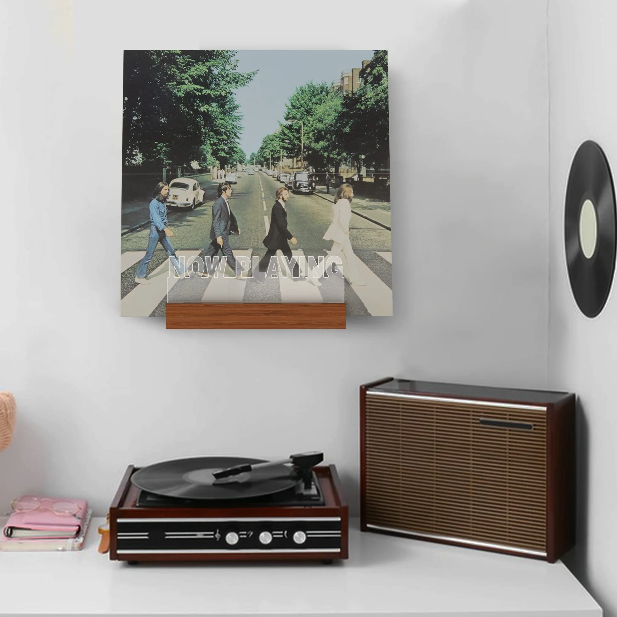 Vinyl Record Stojak ścienny drewniany akrylowy uchwyt do przechowywania z ciepłym białym światłem