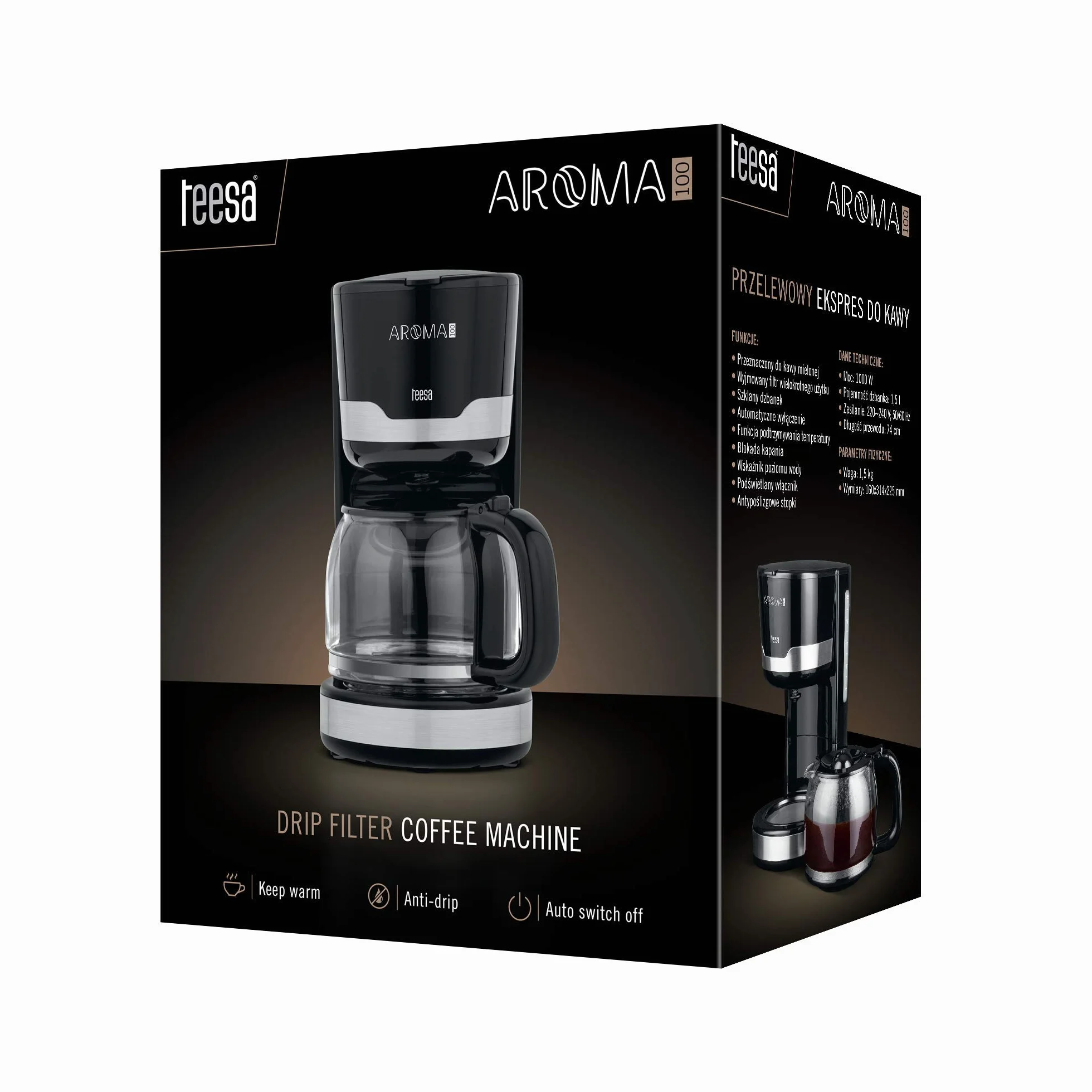 Teesa Ekspres do Kawy Przelewowy AROMA100 1,5L 1000W TSA4006