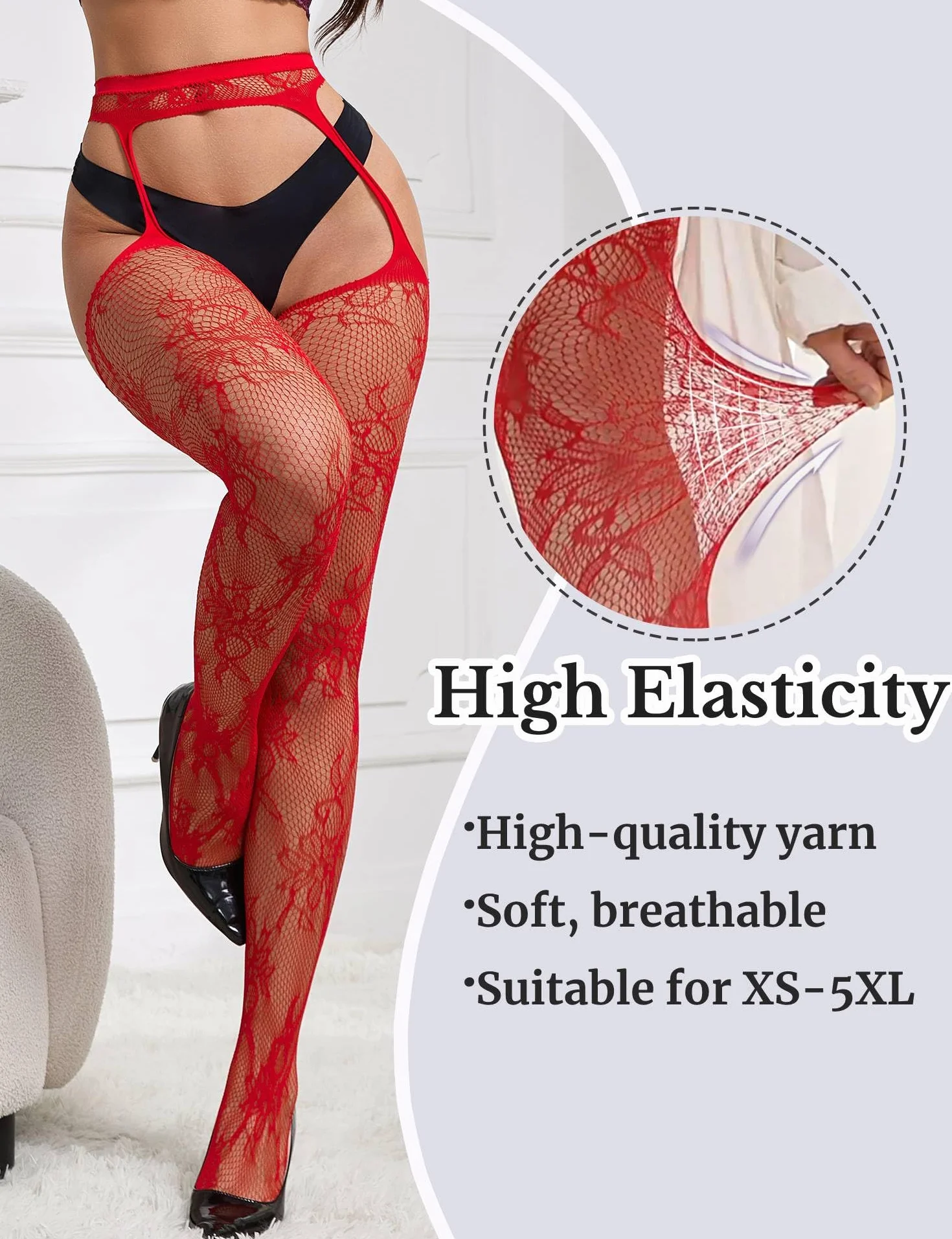 comeondear Damskie pończochy do pończoch XS-5XL, duże rozmiary, seksowne rajstopy ze wzorem, rajstopy typu fishnet Stockings Ouvert, pończochy siatkowe, podwiązki, bielizna erotyczna, pulchne kobiety