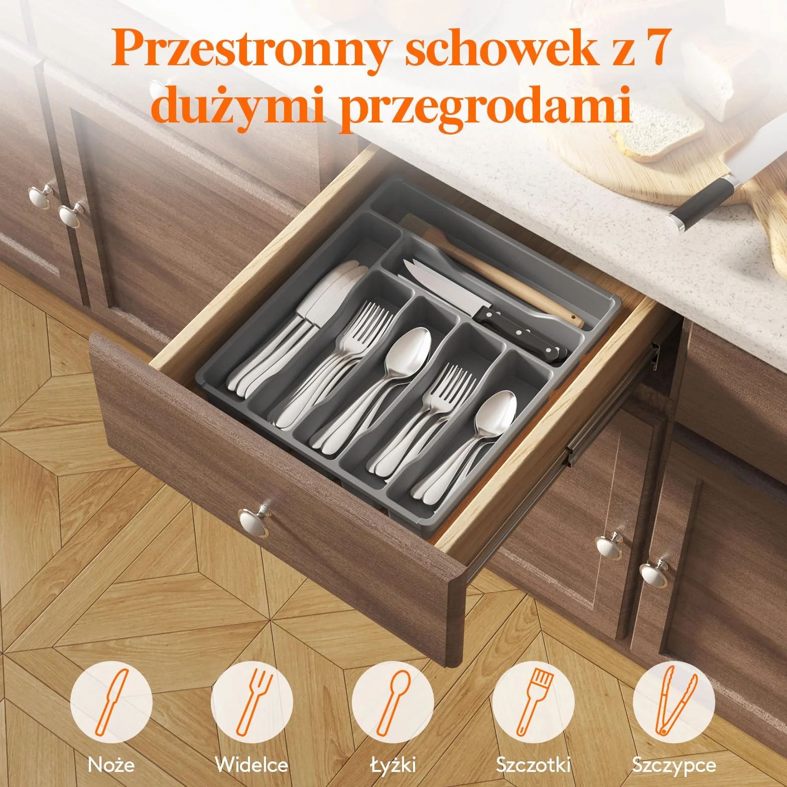 Organizer do szuflady na sztućce Lifewit, Plastikowa taca na sztućce do szuflady kuchennej, Uchwyt, Przegródka na Łyżki, Widelce, Noże, Zastawa stołowa, 7 przegródek, Szary