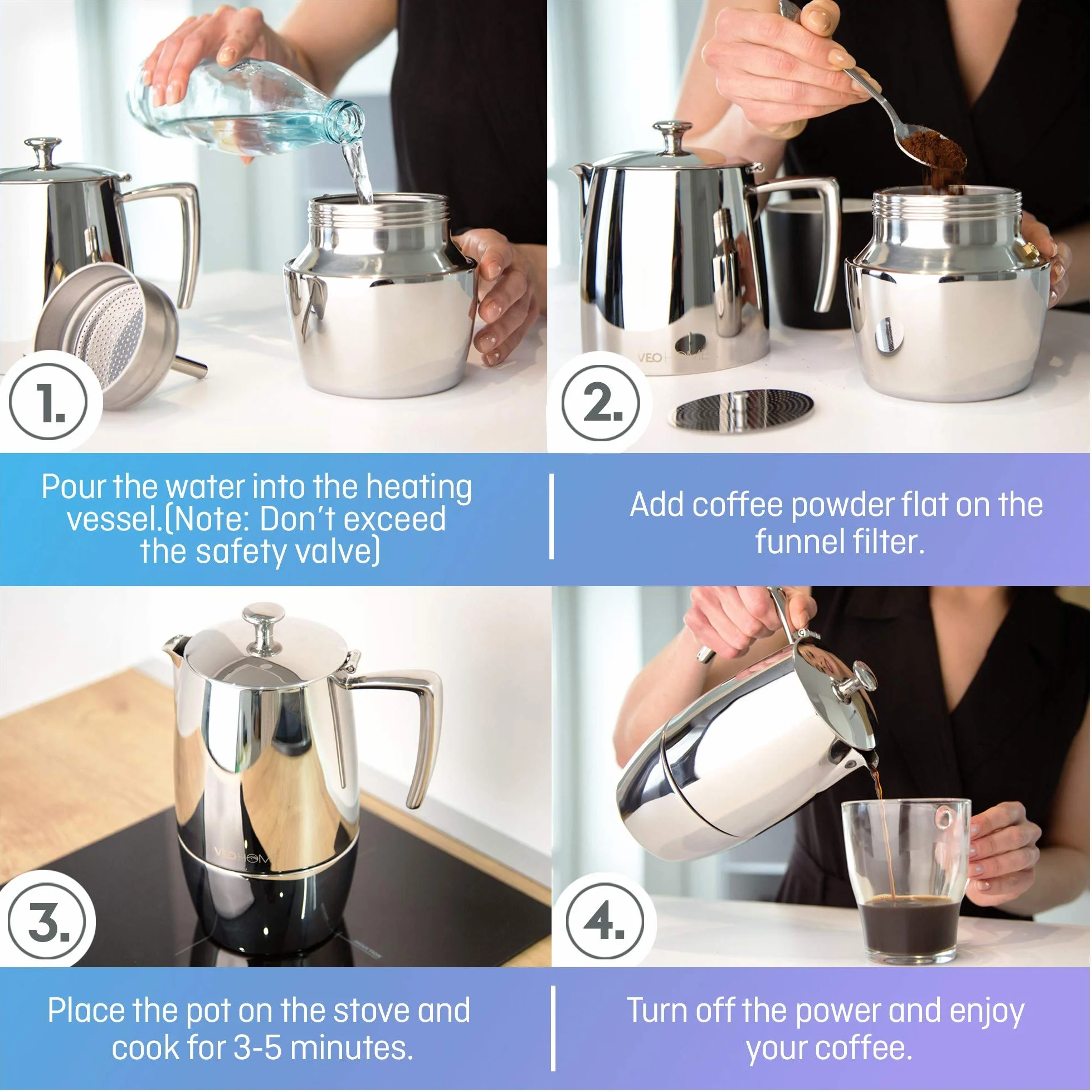 VeoHome Mokka Pot zaparzacz do espresso 10 filiżanek 500 ml stal nierdzewna indukcyjna