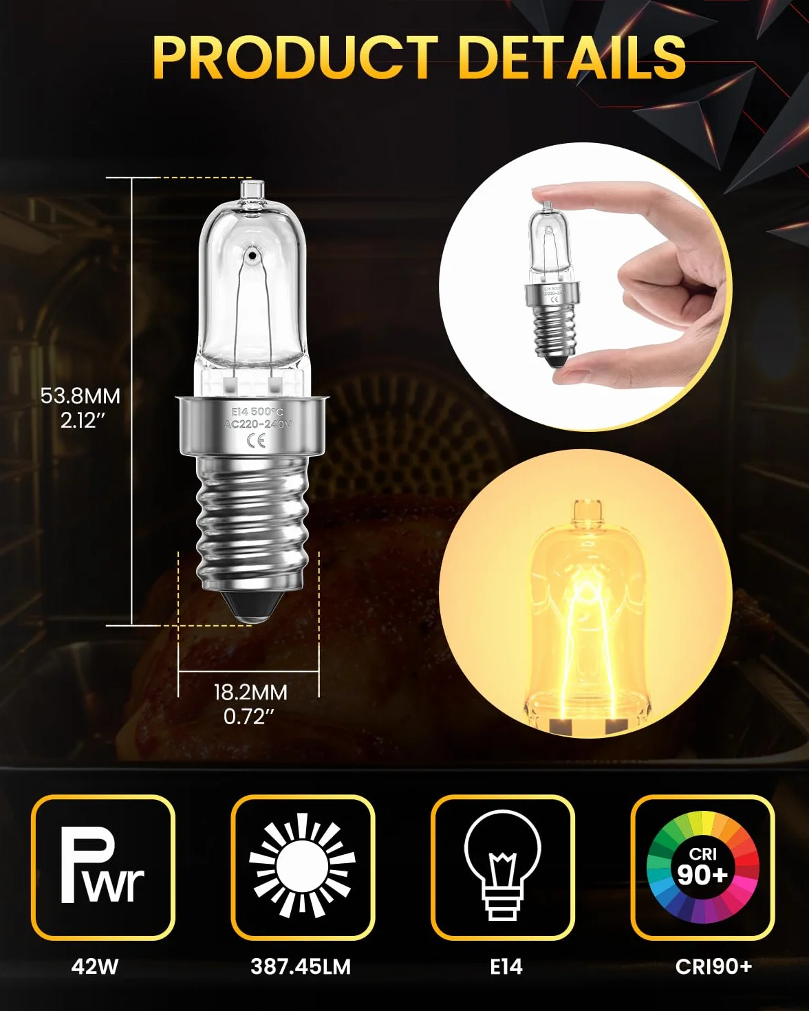 4X Żarówka do Piekarnika E14 42W - Odporna na Wysokie Temp. do 500°C Lampa do Piekarnika E14 Ciepła biała 2700K Ściemniana do Philips, Neff, Smeg, Zanussi & Bosch Piekarników