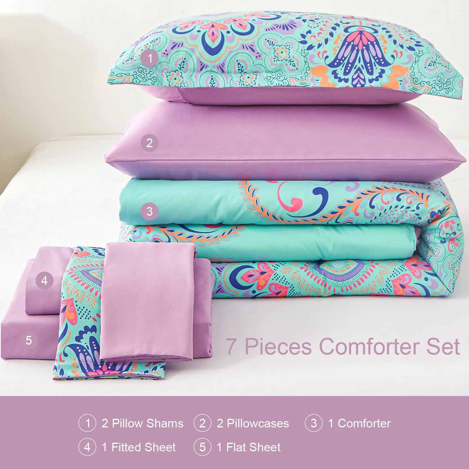 Boho Aqua Lilac Damask Medalion Zestaw kołder King Size 7-częściowy pościel z prześcieradłami
